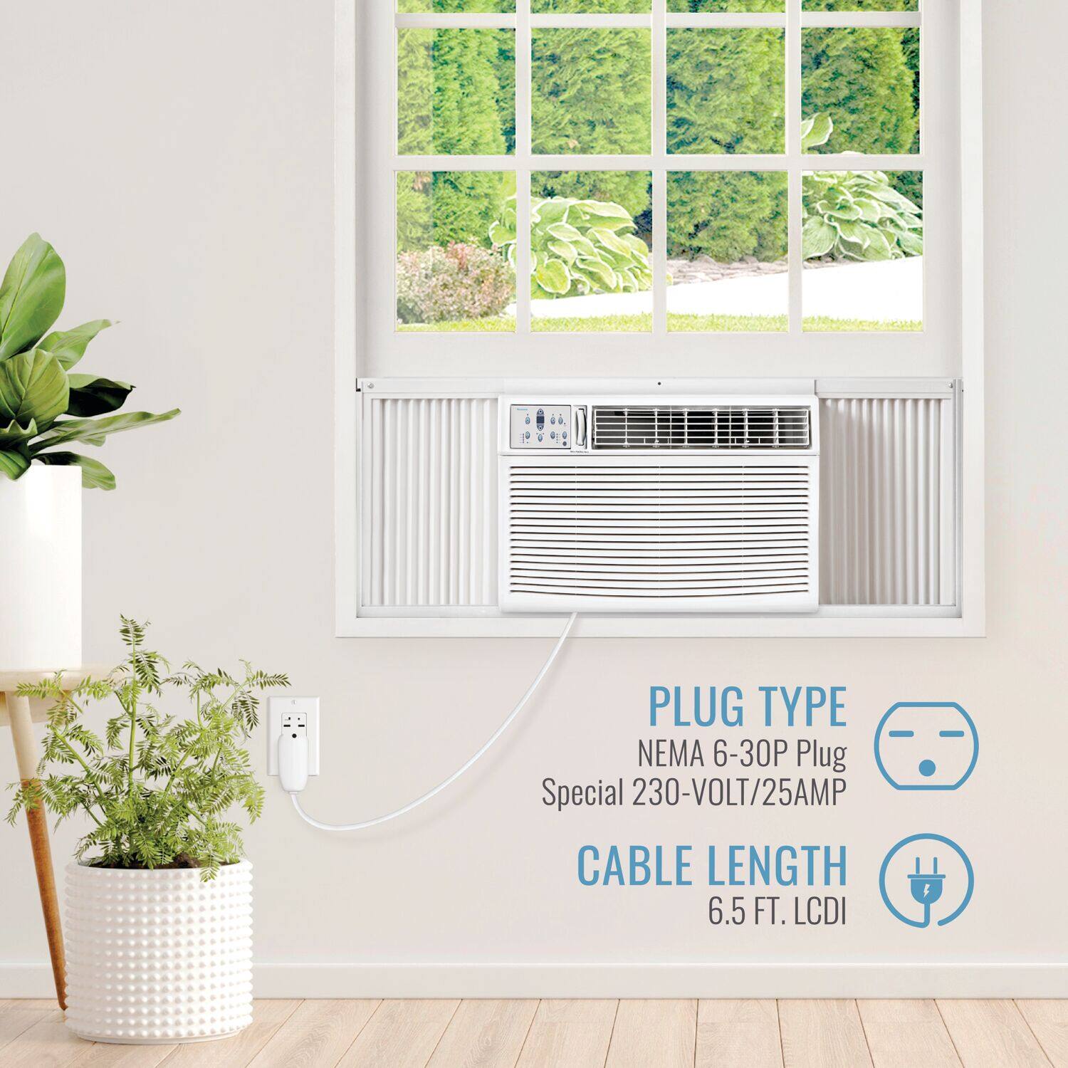 The text on the image reads: "Plug Type: NEMA 6-30P. Special 230-VOLT/25AMP. Cable Length: 6.5 FT. LCDI."