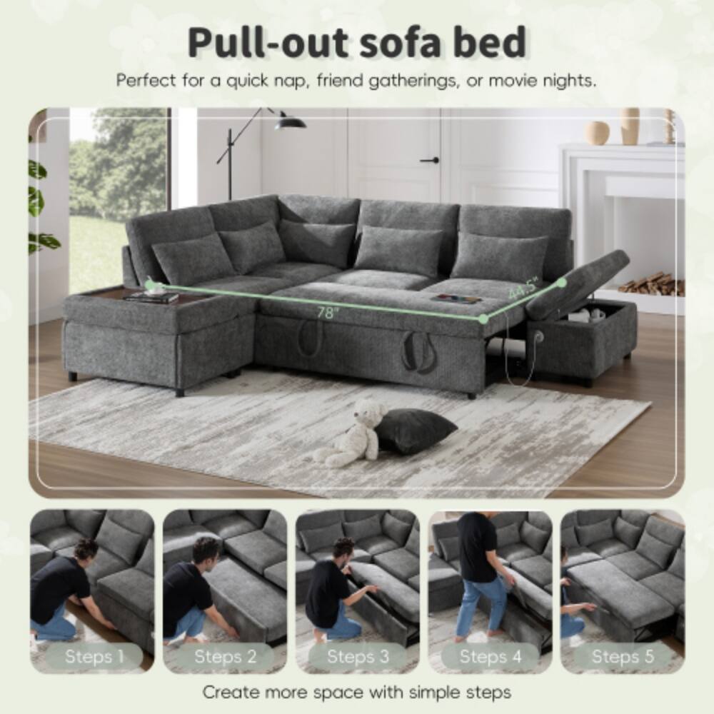Pull-out sofa bed  
Perfect for a quick nap, friend gatherings, or movie nights.  
78" x 44.5"  

Steps 1  
Steps 2  
Steps 3  
Steps 4  
Steps 5  

Create more space with simple steps