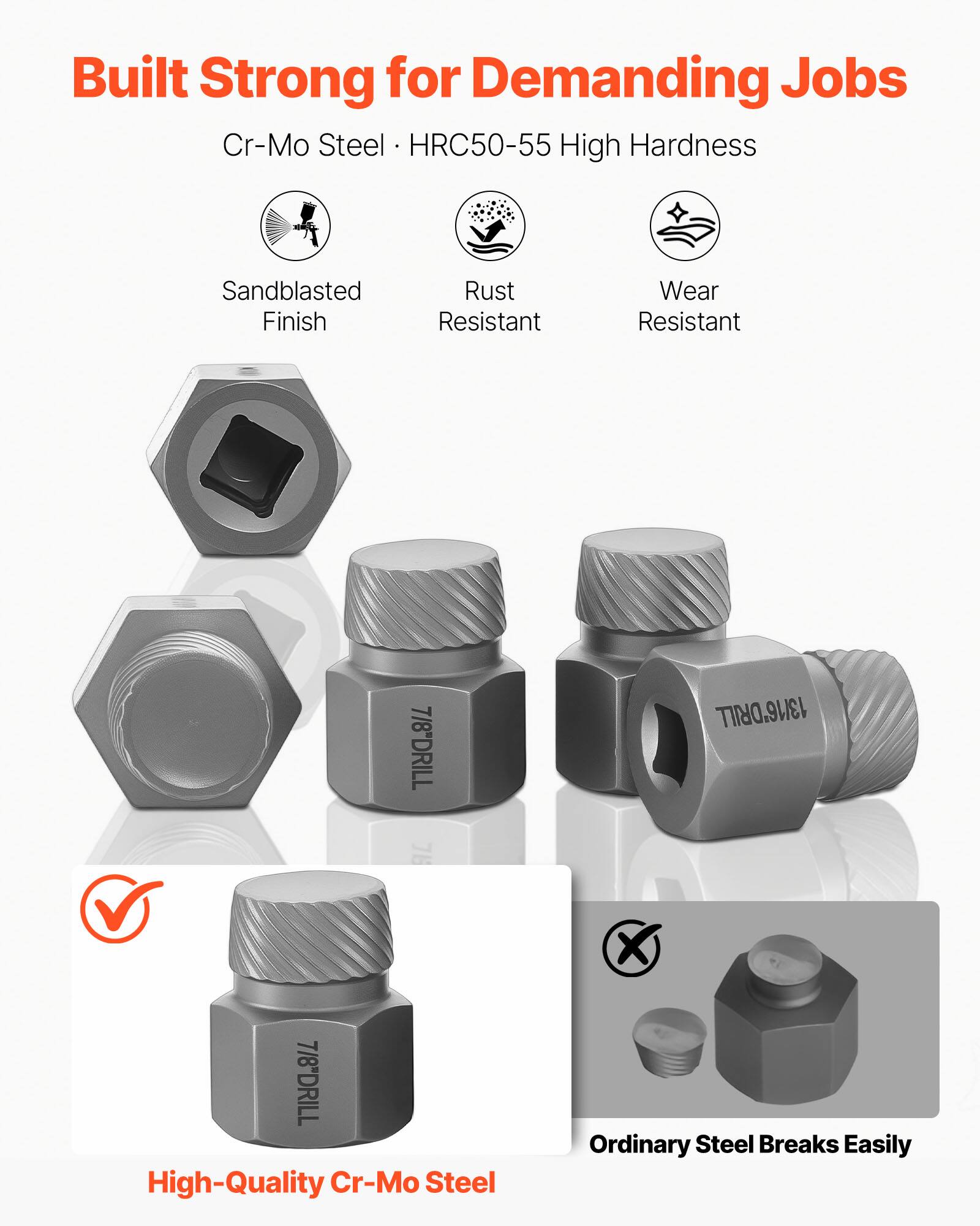 Built Strong for Demanding Jobs  
Cr-Mo Steel • HRC50-55 High Hardness  
Sandblasted Finish  
Rust Resistant  
Wear Resistant  

7/8" DRILL  
13/16" DRILL  
7/8" DRILL  

High-Quality Cr-Mo Steel  
Ordinary Steel Breaks Easily