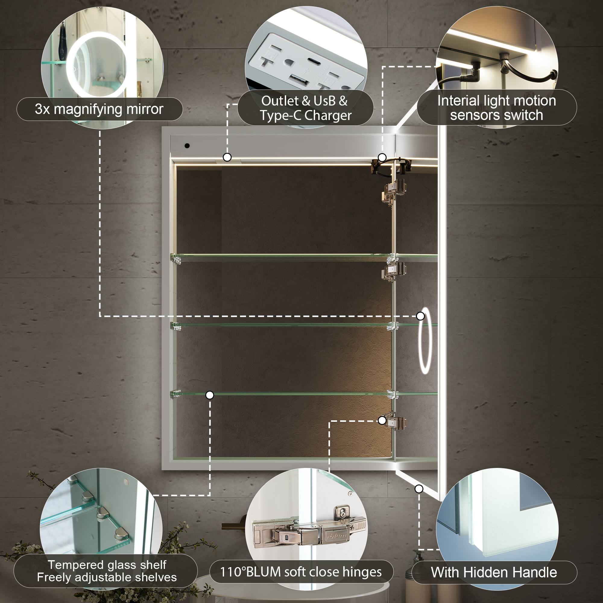 3x magnifying mirror  
Outlet & USB & Type-C Charger  
Infrared light motion sensors switch  
Tempered glass shelf  
Freely adjustable shelves  
110°BLUM soft close hinges  
With Hidden Handle