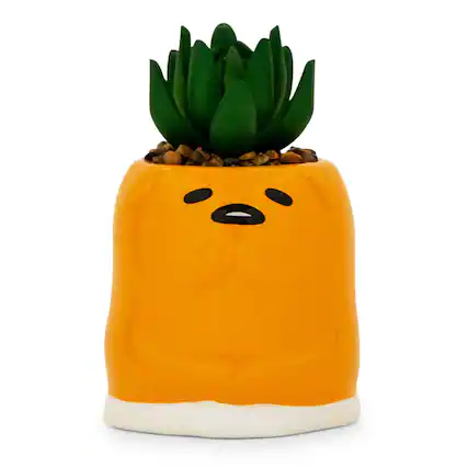 Front. Silver Buffalo - Sanrio Gudetama Meditation 3-Inch Mini Planter With Artificial Succulent - Yellow.