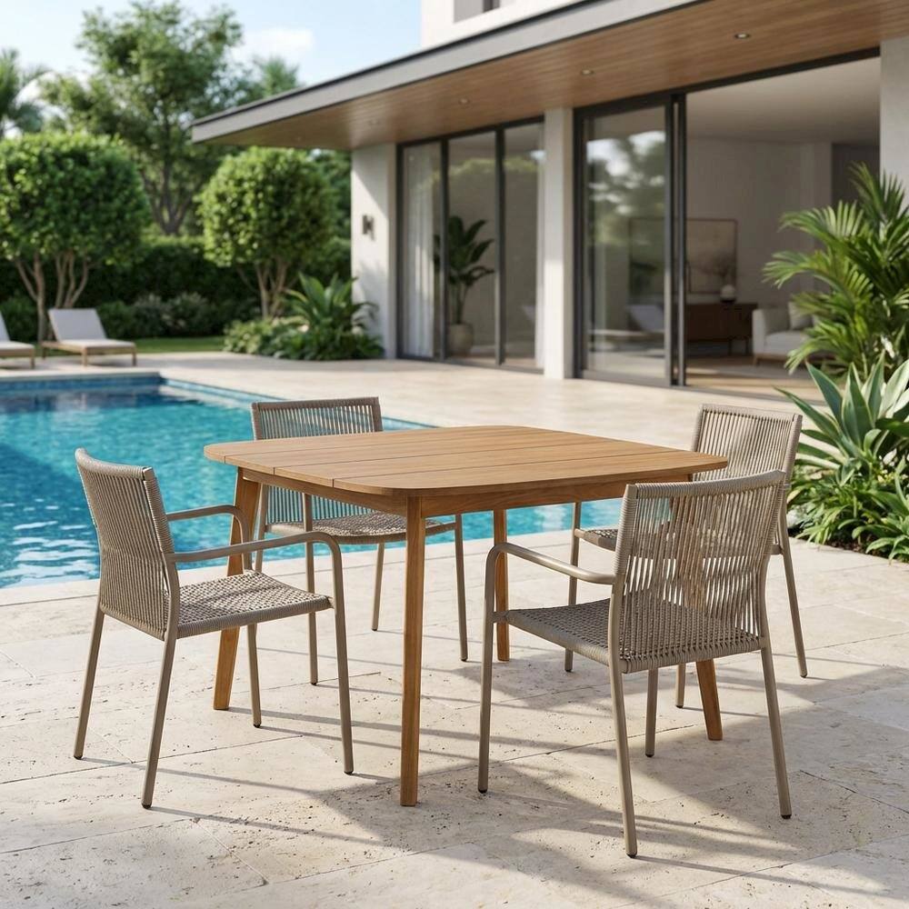 Left. Outdoor Escape - Square Outdoor Dining Table In Teak Wood, Spacious, Weather-Resistant Design - Brown.
