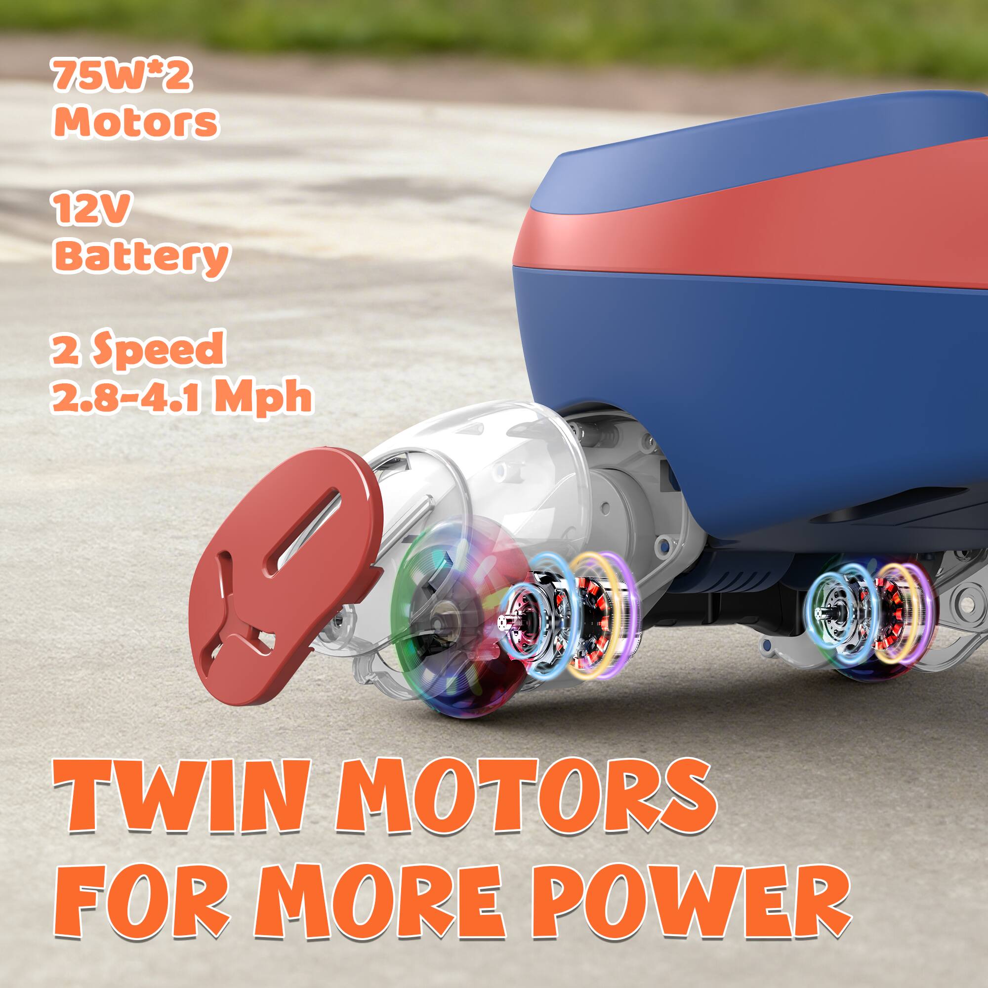 75W*2 Motors  
12V Battery  
2 Speed 2.8-4.1 Mph  
TWIN MOTORS FOR MORE POWER