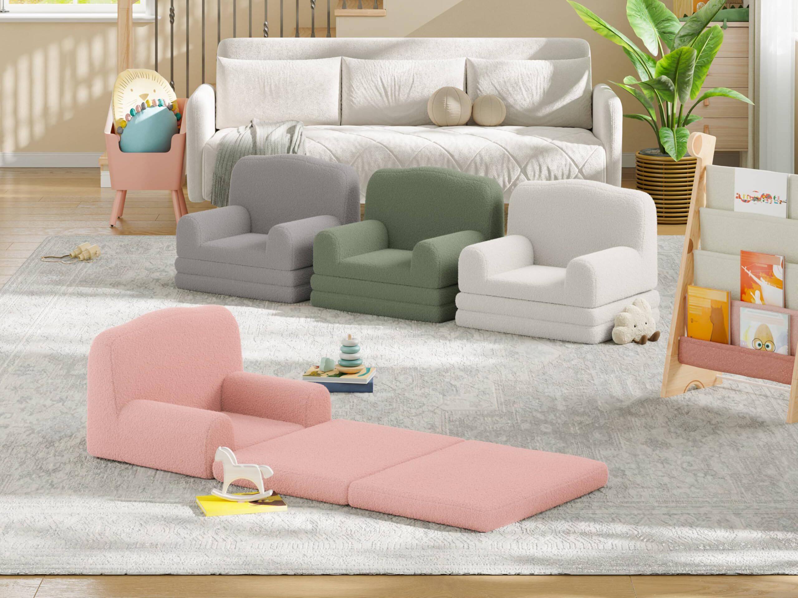 Alt View 1. Jojoka - Kids Sofa Chair, Sherpa Convertible Toddler Couch with Washable Cover, Crown Design Comfy - Green.