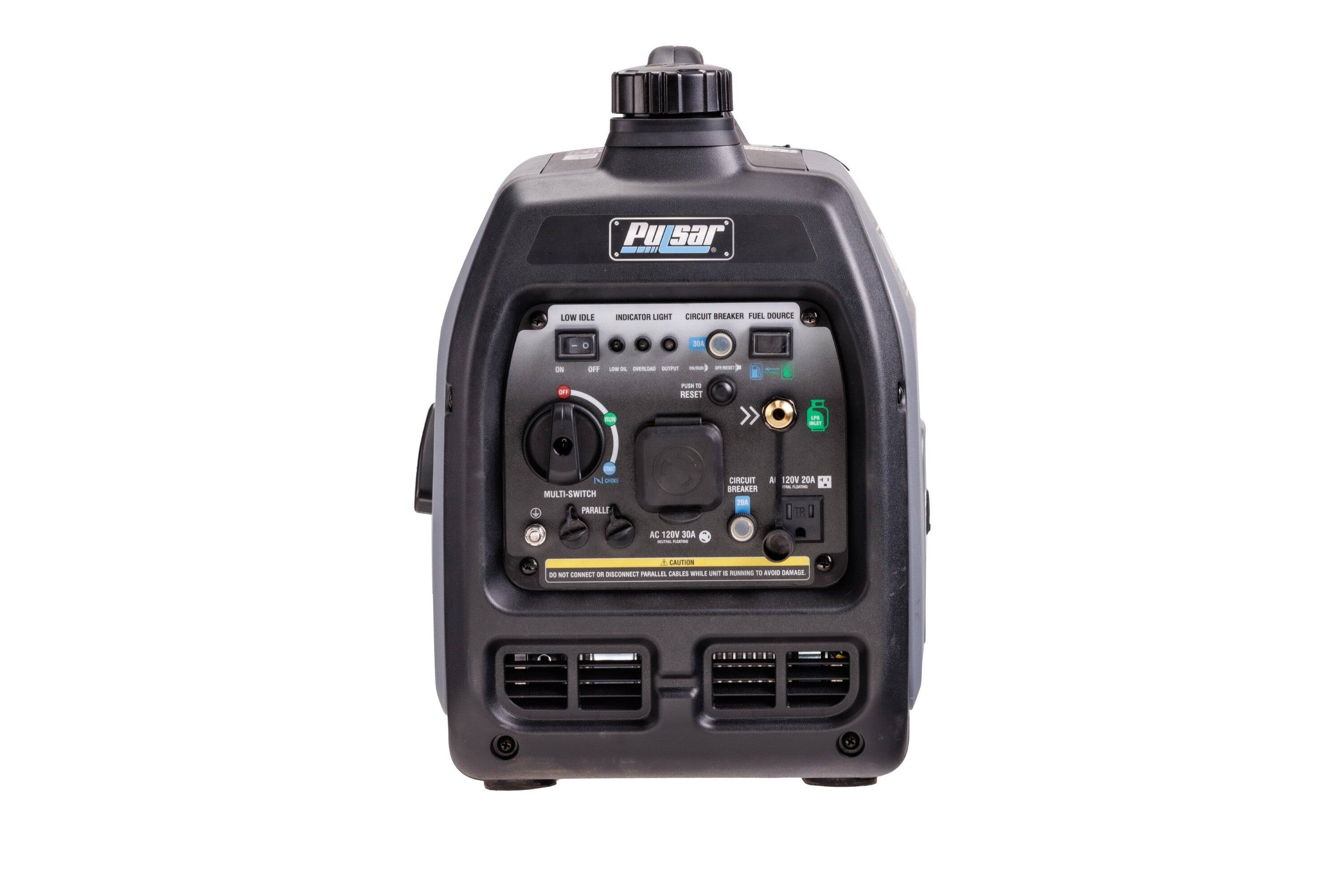 Pulsar

LOW IDLE  
INDICATOR LIGHT  
CIRCUIT BREAKER  
FUEL SOURCE  

ON  
OFF  
LOW  
IDLE  
OVERLOAD  
DIESEL  
RESET  

MULTI-SWITCH  
PARALLEL  

CIRCUIT BREAKER  
120V 20A  

AC 120V 30A  

CAUTION  
DO NOT CONNECT OR DISCONNECT PARALLEL CABLES WHILE UNIT IS RUNNING TO AVOID DAMAGE.