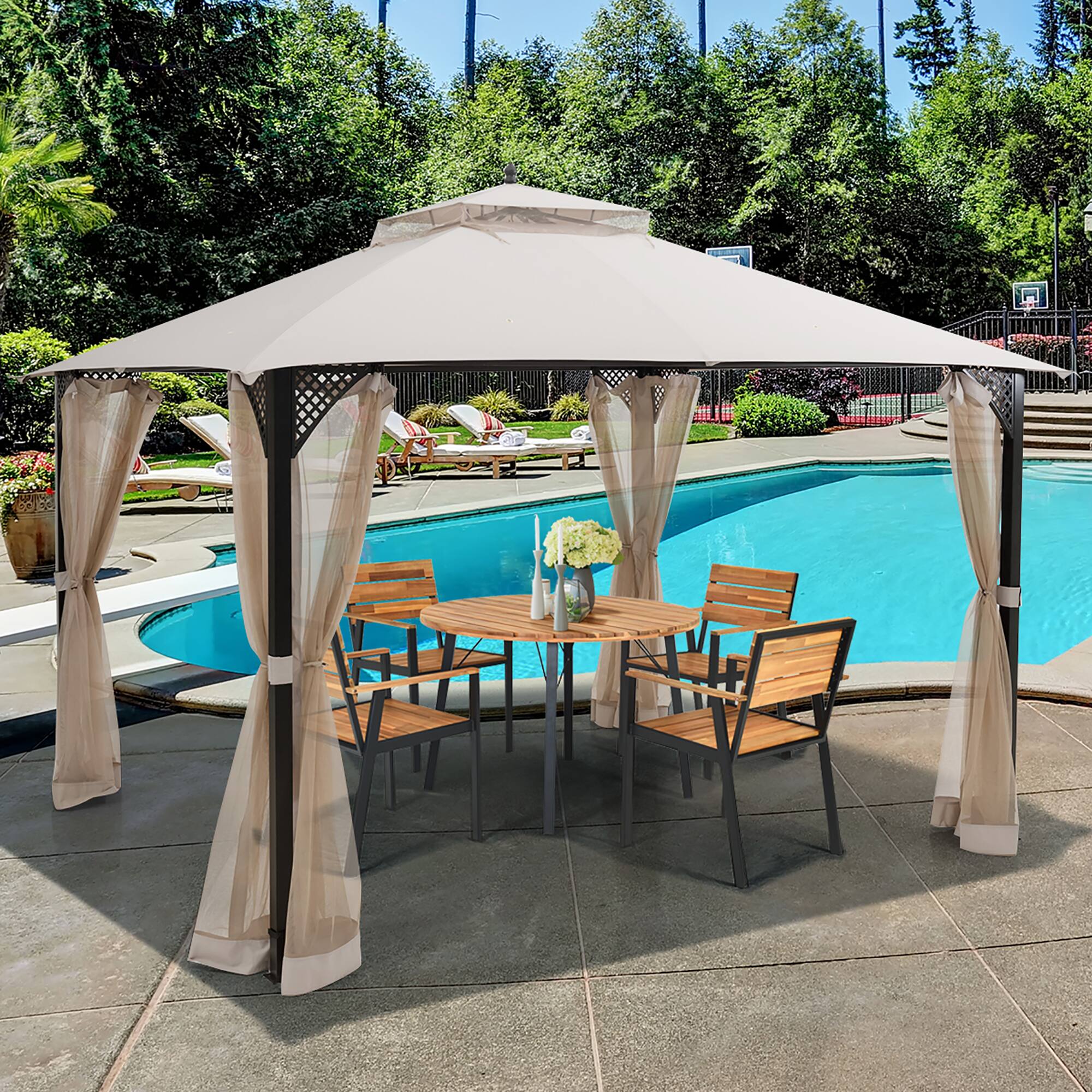 Alt View 1. Costway - Costway 12' x 10' Outdoor Patio Gazebo Canopy Shelter Double Top Sidewalls Netting - Beige.