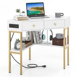 Resenkos - Triangle Corner Desk with Charging Station with 2 Drawers and Storage Shelf- Home Office Desks, Computer Desks - White