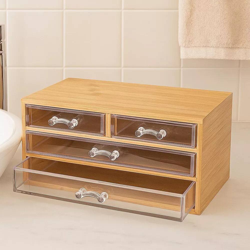 Angle. Elle - Bamboo Jewelry Organizer with 4 Clear Acrylic Drawers, Multi‑Purpose Storage Box for Makeup, Office Supplies & Vanity - Clear/Natural Bamboo.