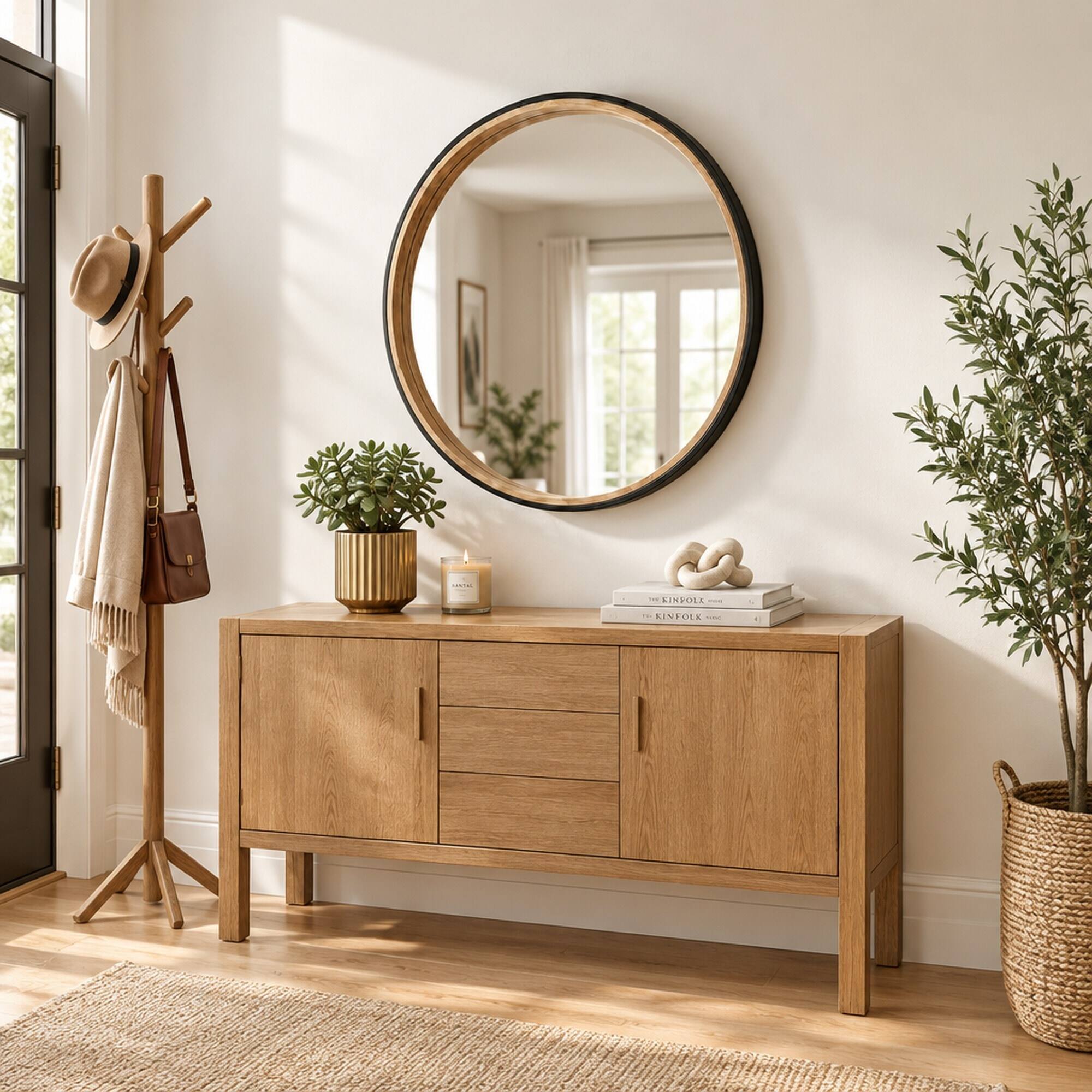 RYHNUYNE 31.3 in Round Wall Mirror, Two Tone Matte Black and Natural ...