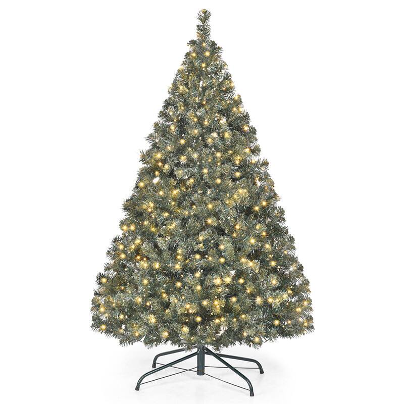 Angle. WELLFOR - 4.5 FT Hinged Pre‑Lit Artificial Christmas Tree with 398 PVC Branch Tips, 200 Warm‑White LED Lights & Iron Stand - Green.