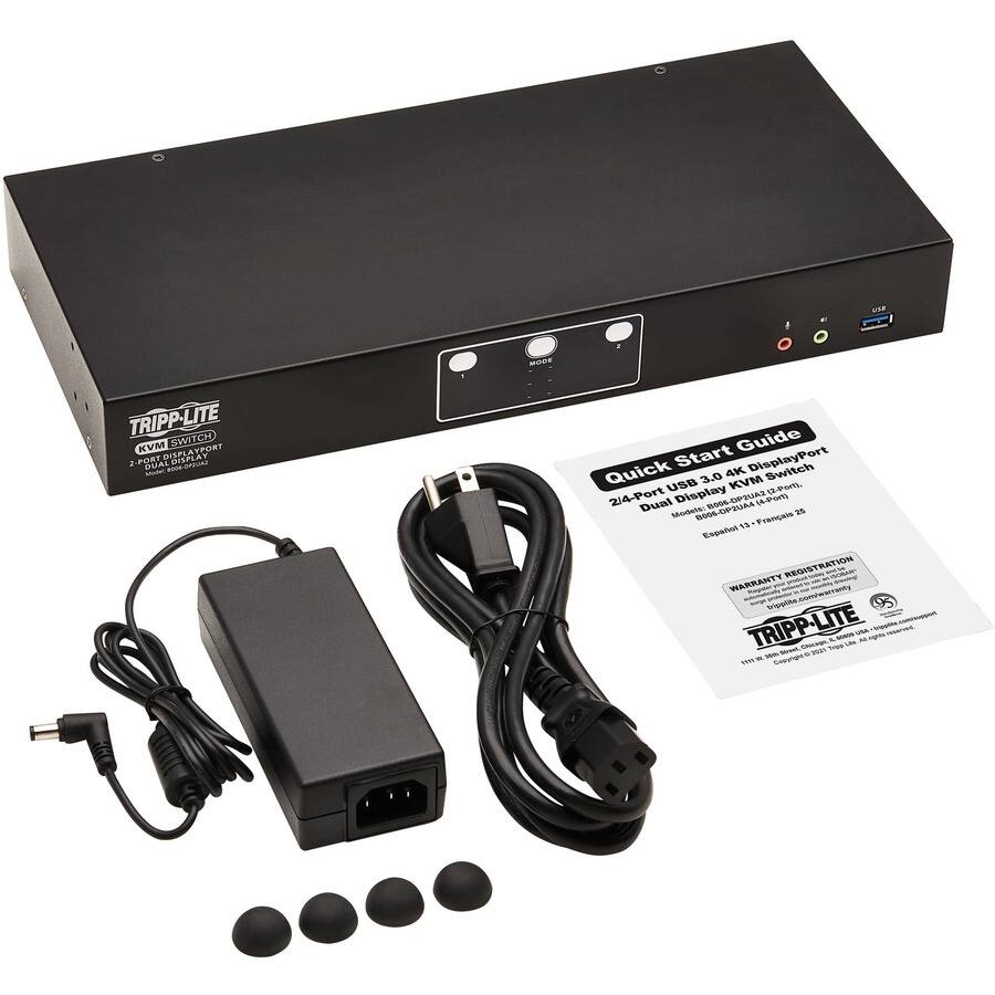 TRIPP-LITE  
KVM SWITCH  
2-PORT DISPLAY  
USB 3.0, HDMI, DisplayPort  

Quick Start Guide  
USB 3.0, HDMI, DisplayPort  
2-Port Display KVM Switch  

Dual USB 3.0, HDMI, DisplayPort (2-Port)  
Model: B006-20A2  
Expands 1 to 2 Monitors  

WARRANTY REGISTRATION  
TRIPP-LITE  
www.tripp-lite.com