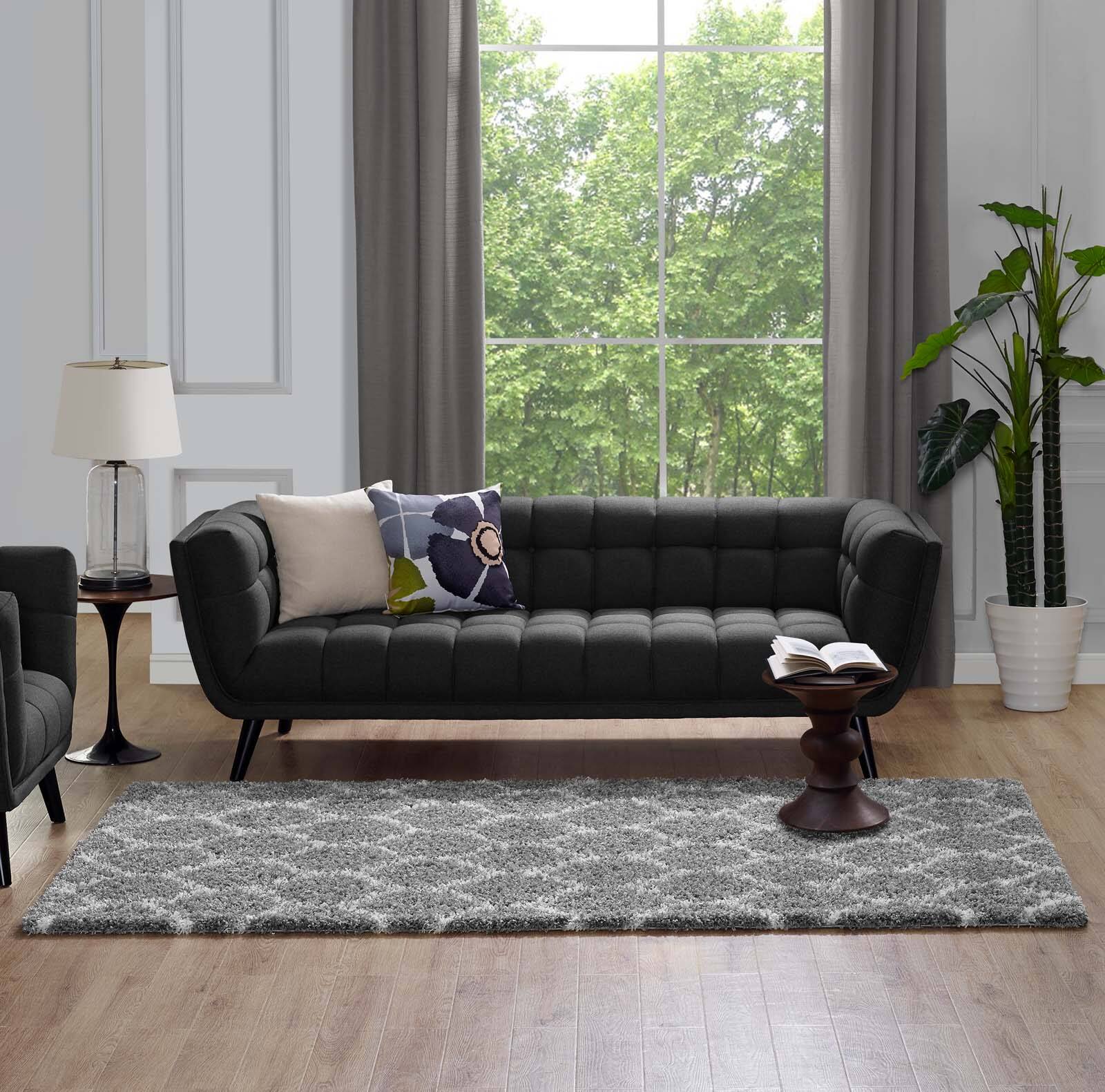 Left. Modway - Solvea Moroccan Trellis Shag Area Rug - Gray and Ivory.