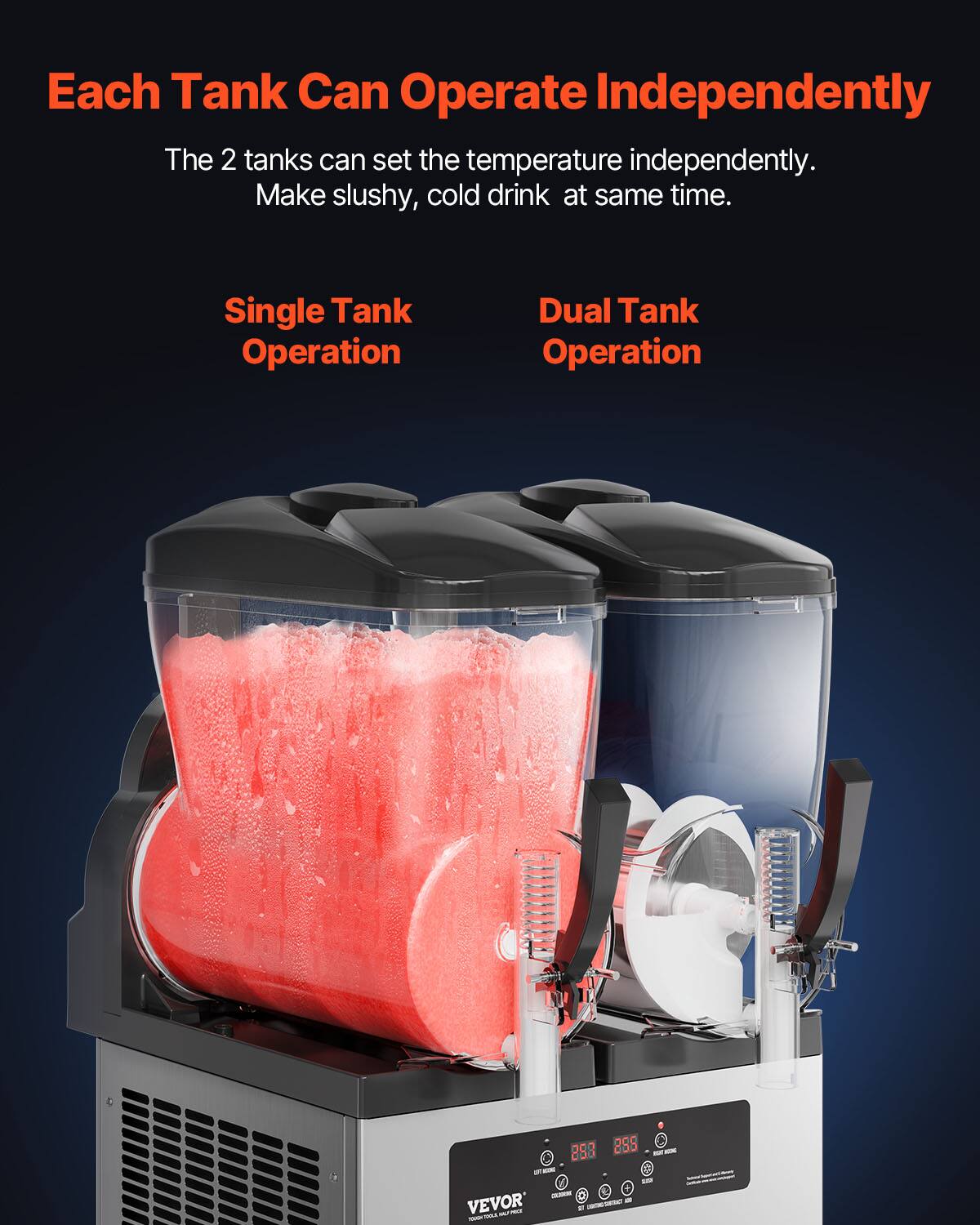 Each Tank Can Operate Independently

The 2 tanks can set the temperature independently. Make slushy, cold drink at same time.

Single Tank Operation

Dual Tank Operation

288 886 at - NESS DEJORM a VEVOR DAI MP - 11 -

POLICE