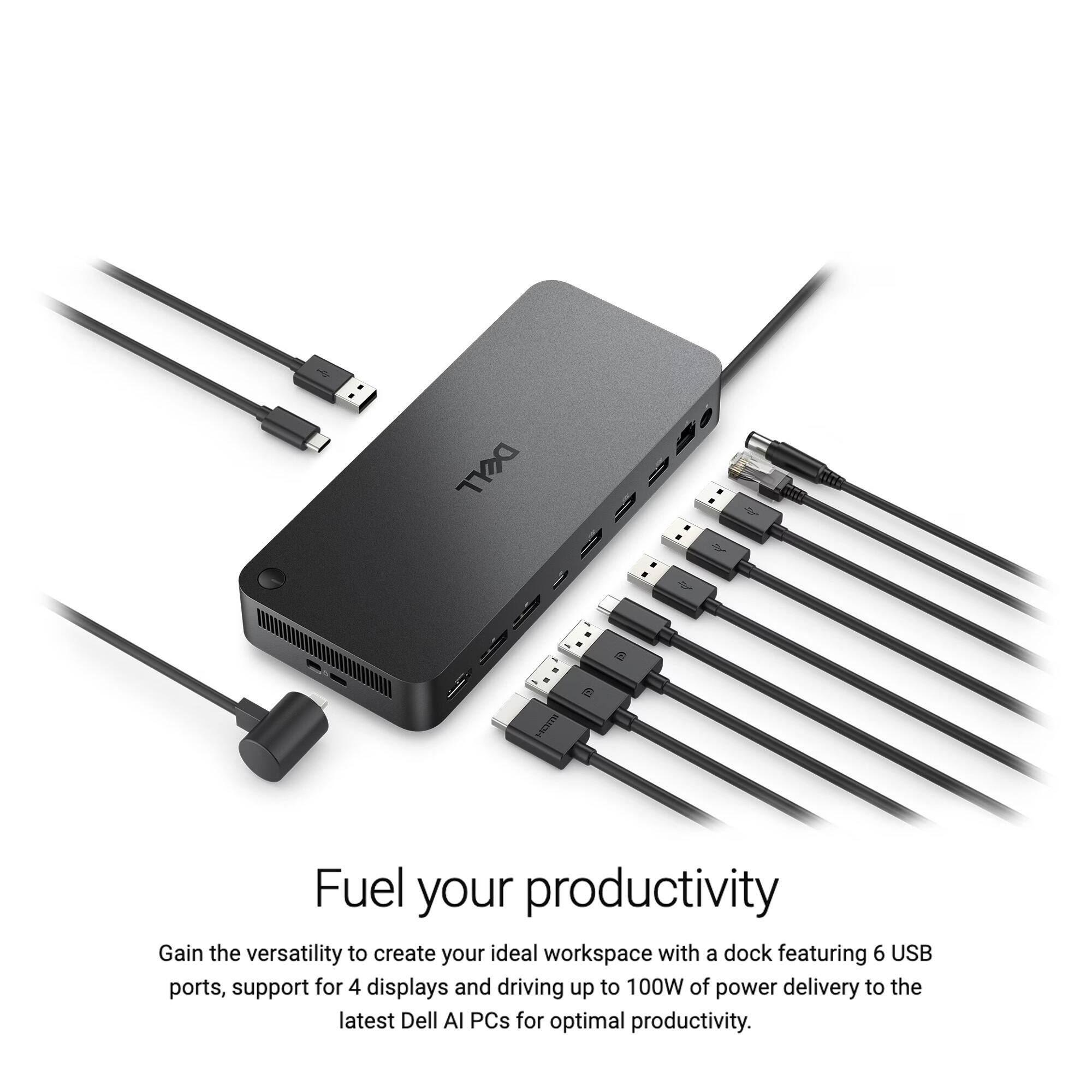 Fuel your productivity

Gain the versatility to create your ideal workspace with a dock featuring 6 USB ports, support for 4 displays and driving up to 100W of power delivery to the latest Dell AI PCs for optimal productivity.