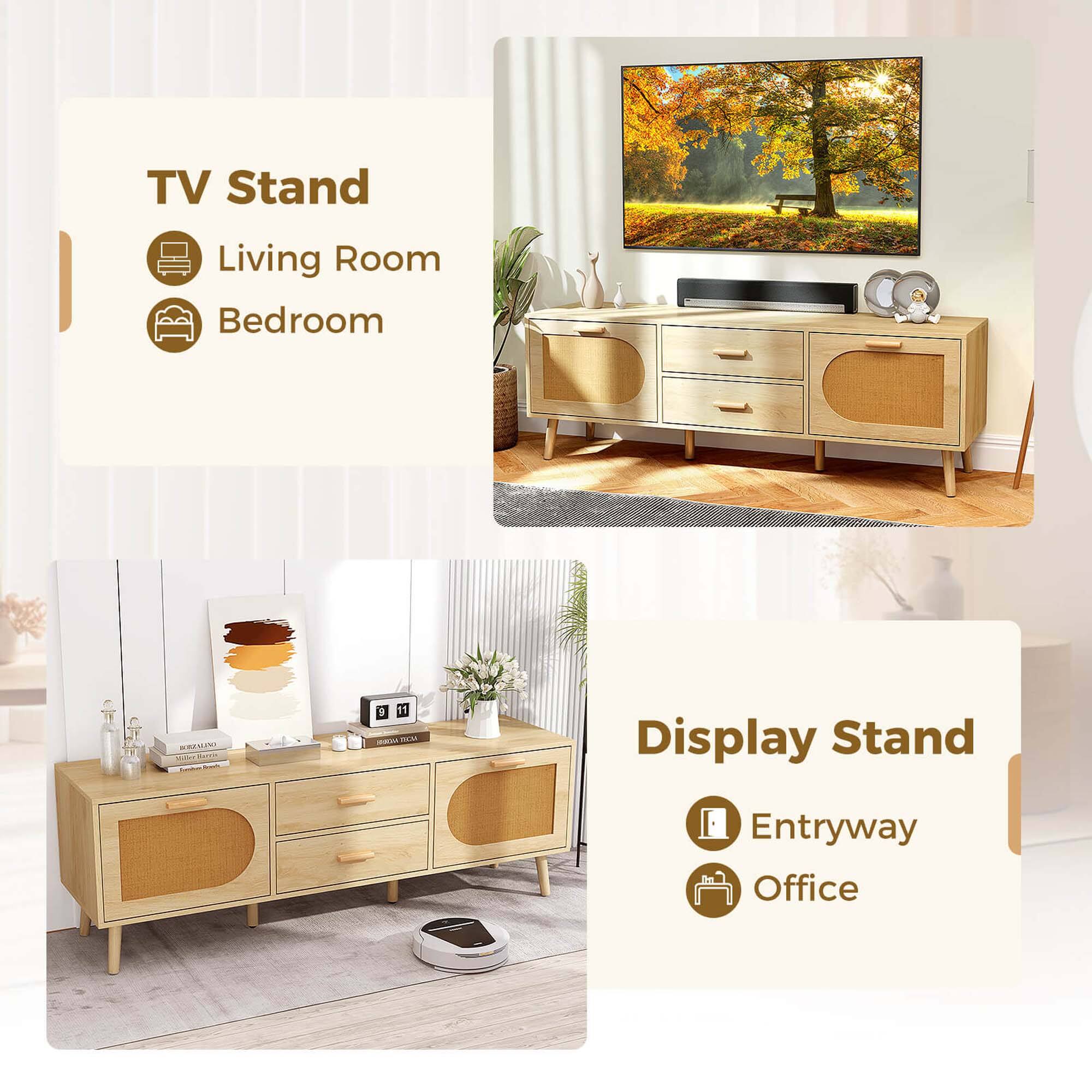 The text on the image is grouped as follows:

1. TV Stand - Living Room - Bedroom
2. Display Stand - Entryway - Office