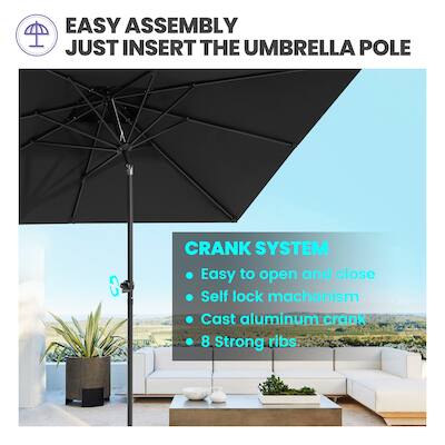 EASY ASSEMBLY  
JUST INSERT THE UMBRELLA POLE

CRANK SYSTEM  
- Easy to open and close  
- Self lock mechanism  
- Cast aluminum crank  
- 8 Strong ribs
