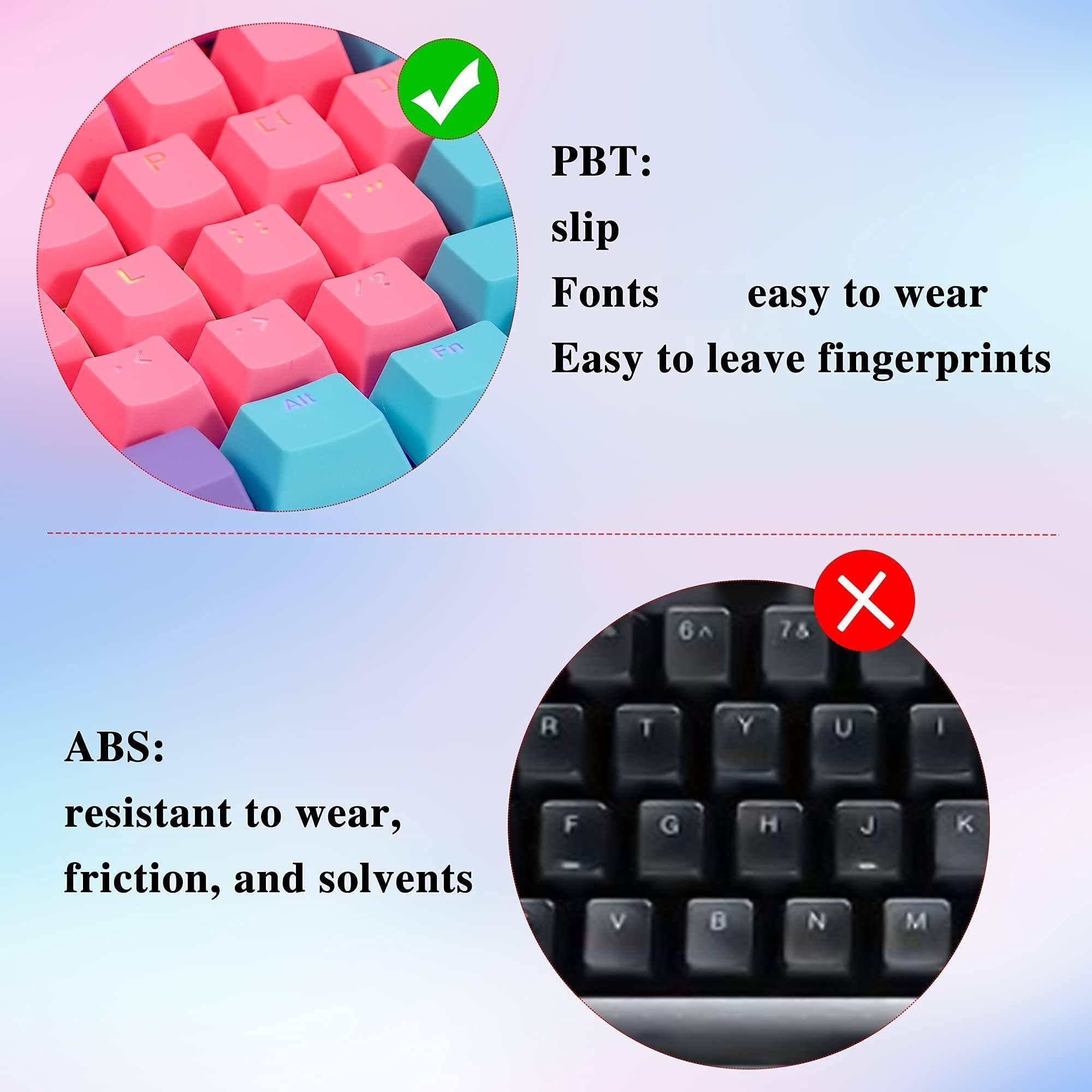 PBT:  
slip  
Fonts  
easy to wear  
Easy to leave fingerprints  

ABS:  
resistant to wear, friction, and solvents