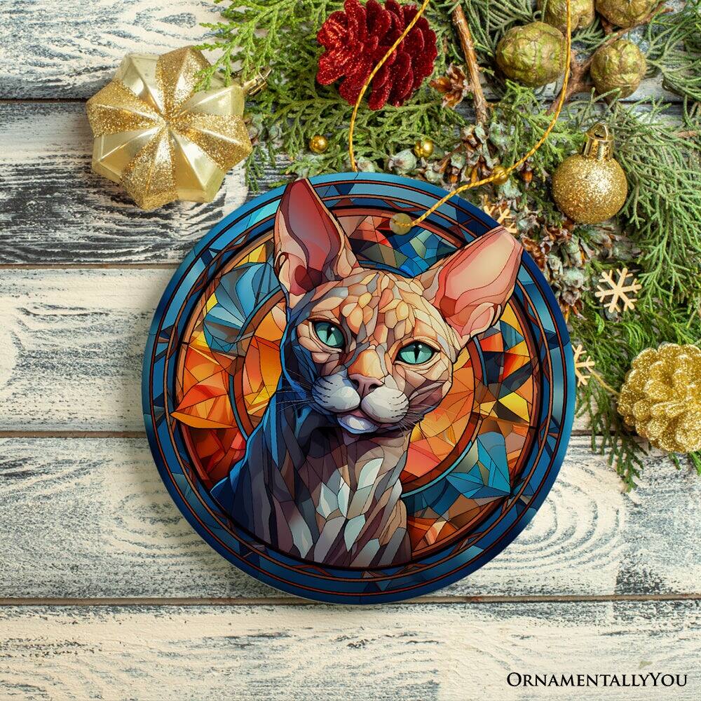 Back. OrnamentallyYou - Mystical Feline Bewitching Cat Stained Glass Style Ceramic Ornament Halloween Themed Christmas Gift - Multi-colored.