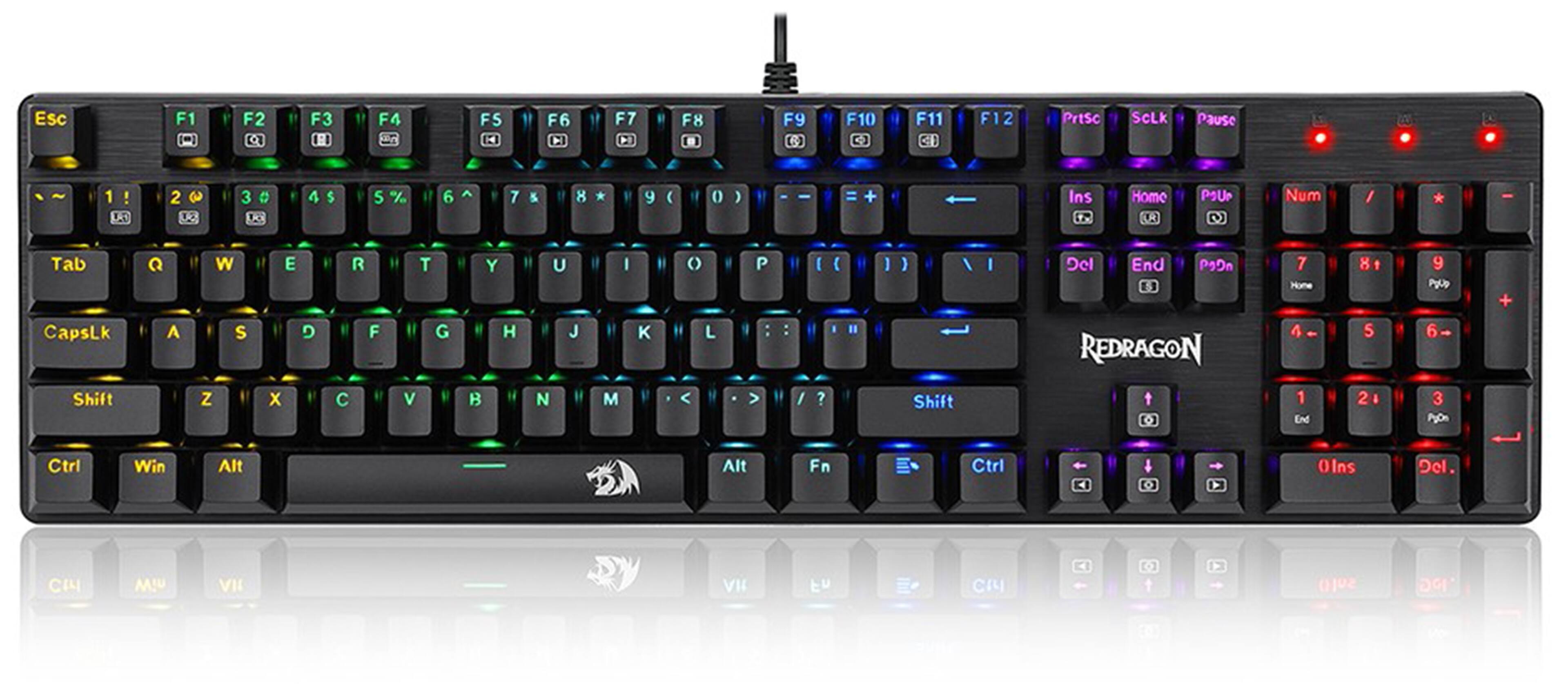 Esc F1 [=] F2 a F3 F4 F5 F6 C F7 F F8 F9 F10 e F11 C F12 2 Prtsc SCLK Pause 1 ! 1.D 2 12 3 Ctrl 4 $ 5 % 6 7 & 8 9 ) 0 ) I + Ins F Home LA PgUp D Num / * - Tab CapsLk Shift Q A W S Z E D X R F C T G V Y H B U J N I M K o L < P : > : / E ? " ] ) I Shift I Del End P3n REDRAGON 7 Color 4 - 1 End 8 1 5 2 I 9 Pyup 6- 3 PyOn + Ctrl Win Alt Alt Fn Ctrl + [-3 Olns Dcl. CI MIU VII VII Fn CI Olns