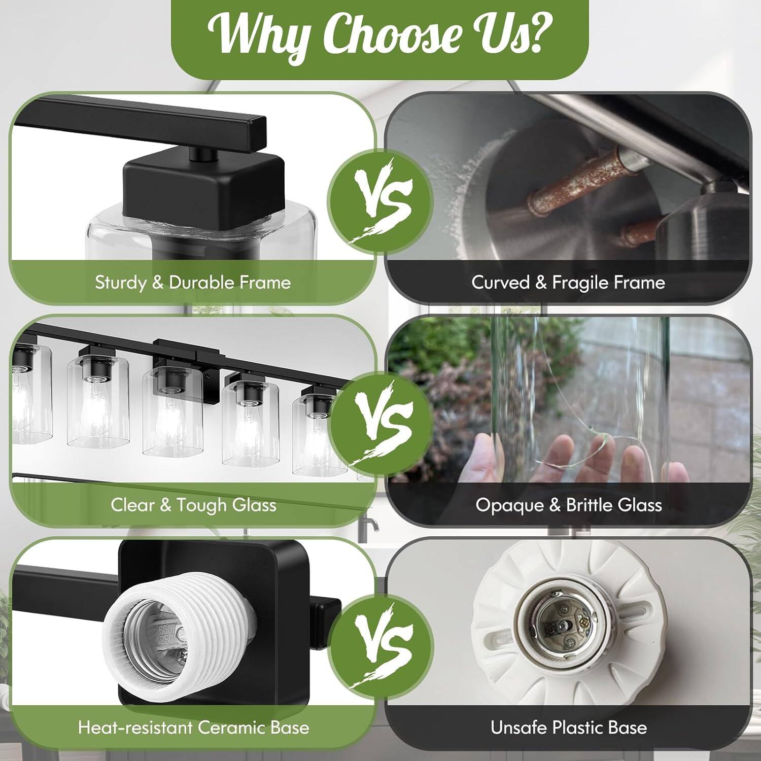 Why Choose Us?

- Sturdy & Durable Frame VS Curved & Fragile Frame
- Clear & Tough Glass VS Opaque & Brittle Glass
- Heat-resistant Ceramic Base VS Unsafe Plastic Base