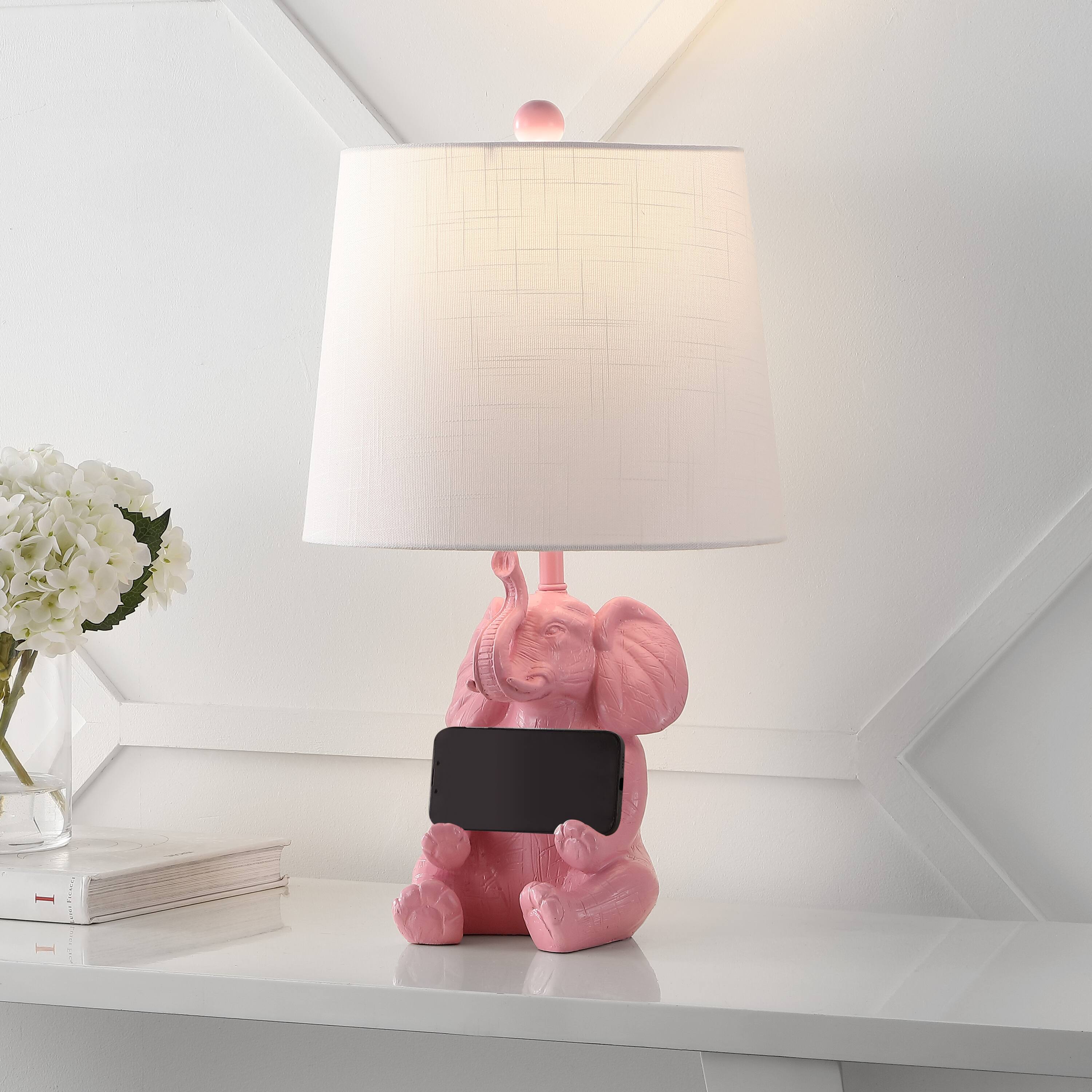 Alt View 1. Jonathan Y - Kairi 21" Modern Shabby Chic Resin/Iron Happy Elephant LED Kids' Table Lamp with Phone Stand, Pink.