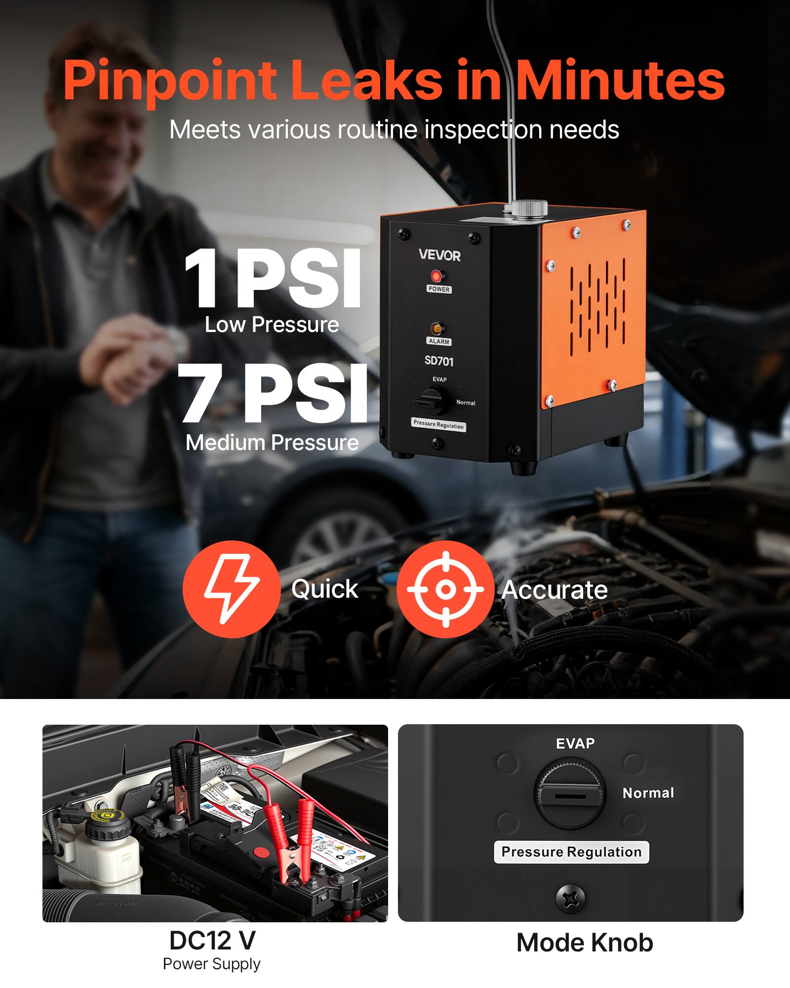 Pinpoint Leaks in Minutes  
Meets various routine inspection needs  

1 PSI  
Low Pressure  

7 PSI  
Medium Pressure  

Quick  
Accurate  

DC12 V  
Power Supply  

Mode Knob