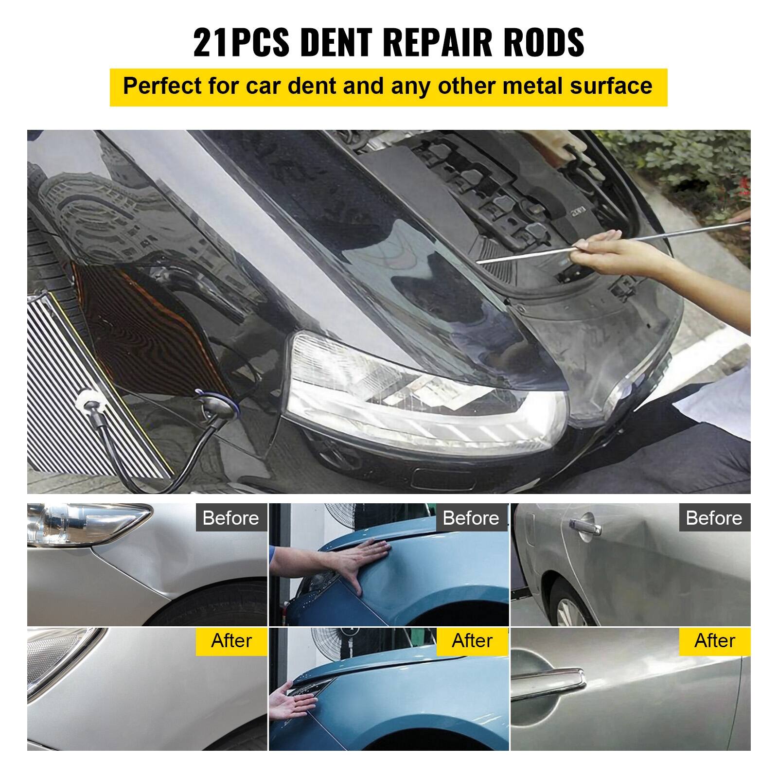 21PCS DENT REPAIR RODS  
Perfect for car dent and any other metal surface  

Before  
Before  
Before  

After  
After  
After