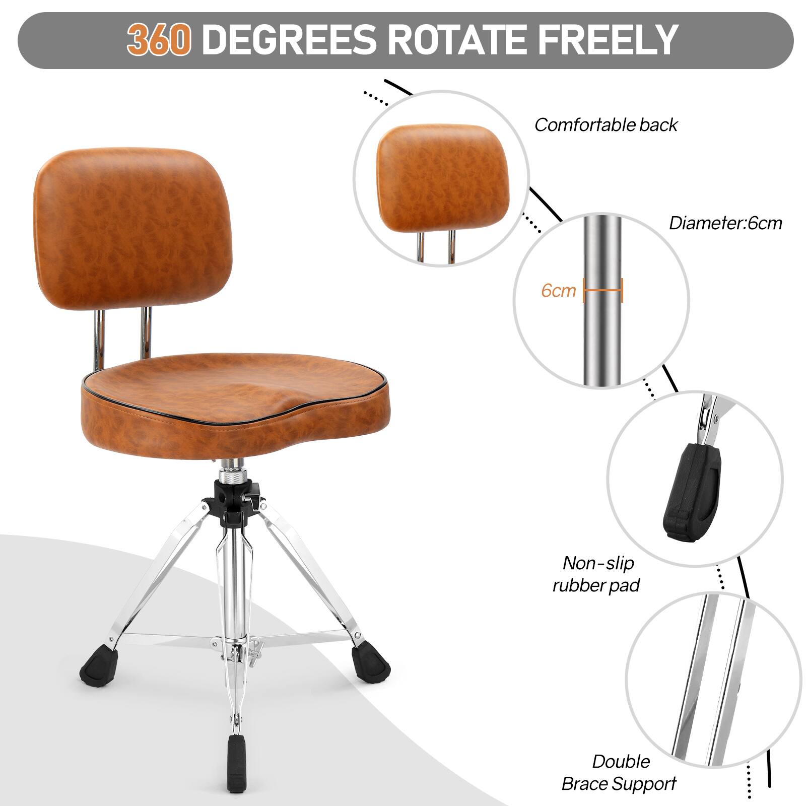 360 DEGREES ROTATE FREELY

- Comfortable back
- Diameter: 6cm
- Non-slip rubber pad
- Double Brace Support