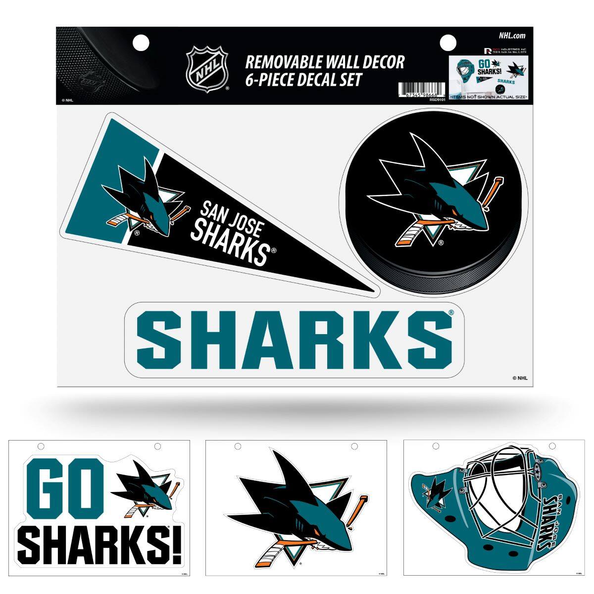 NHL.com  
REMOVABLE WALL DECOR  
6-PIECE DECAL SET  

SAN JOSE SHARKS  
SHARKS  

GO SHARKS!  

SHARKS  

GO SHARKS!