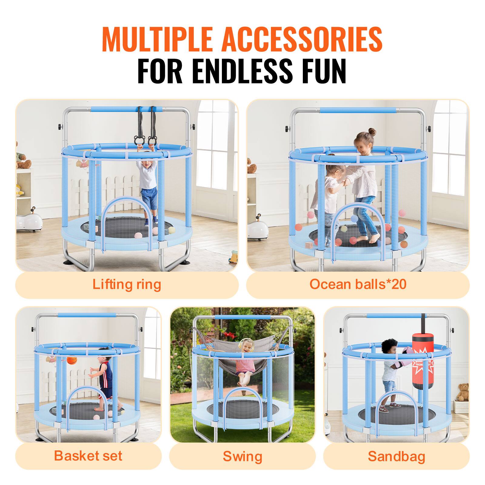 Multiple accessories for endless fun:

- Lifting ring
- Ocean balls *20
- Basket set
- Swing
- Sandbag
