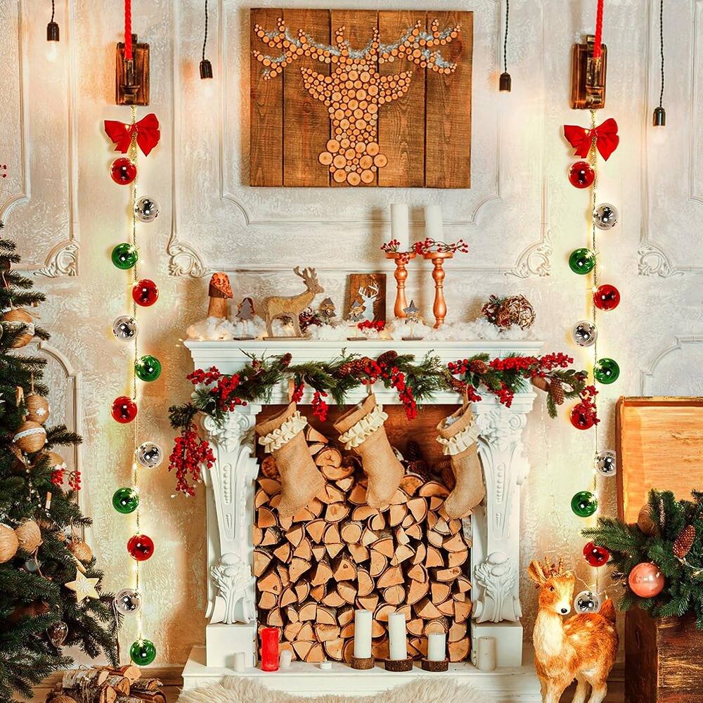 Angle. RTMB - 2-Pack Lighted Christmas Ball Garland with Red Bows, Indoor/Outdoor Decor - Red, Silver, Green.