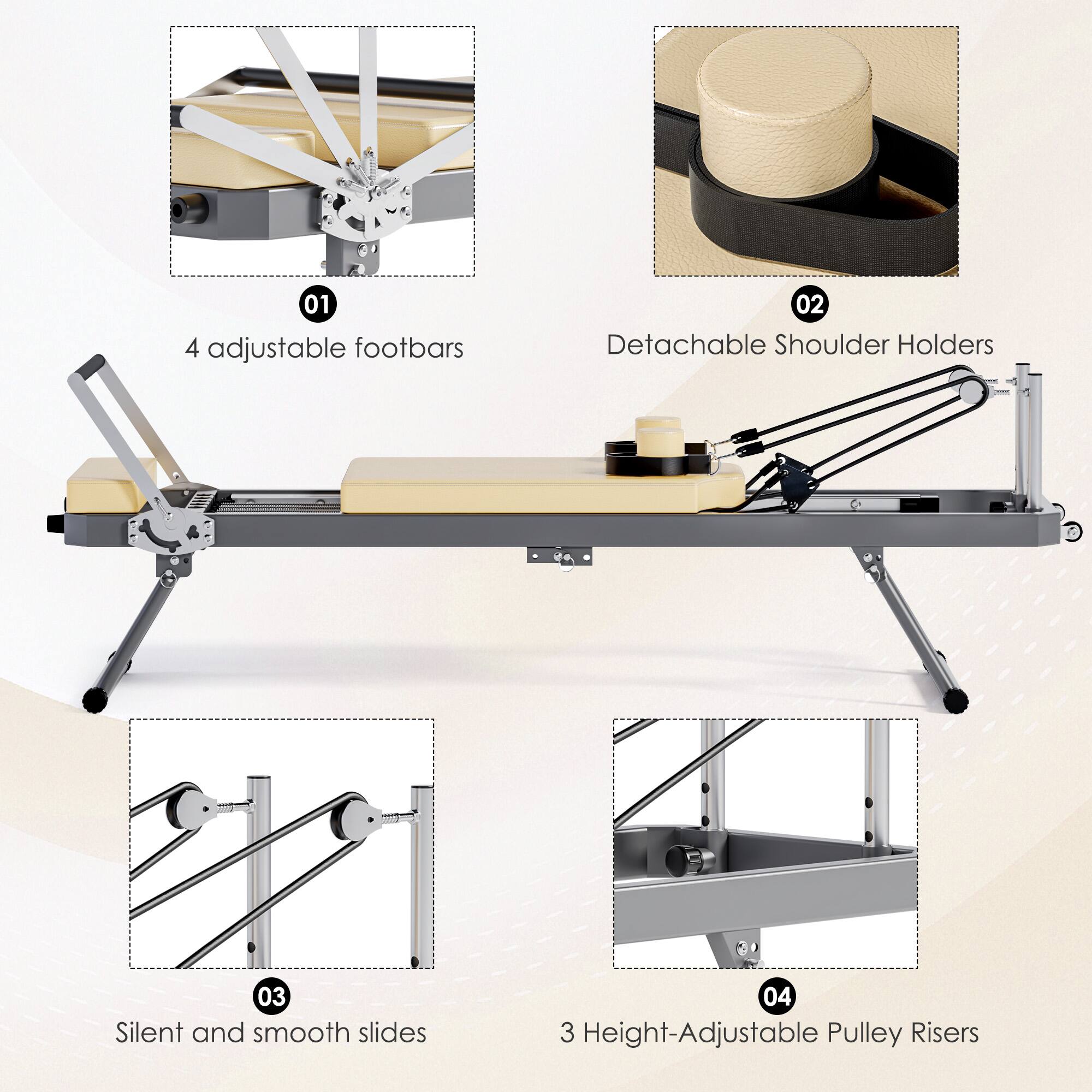 01 4 adjustable footbars  
02 Detachable Shoulder Holders  
03 Silent and smooth slides  
04 3 Height-Adjustable Pulley Risers