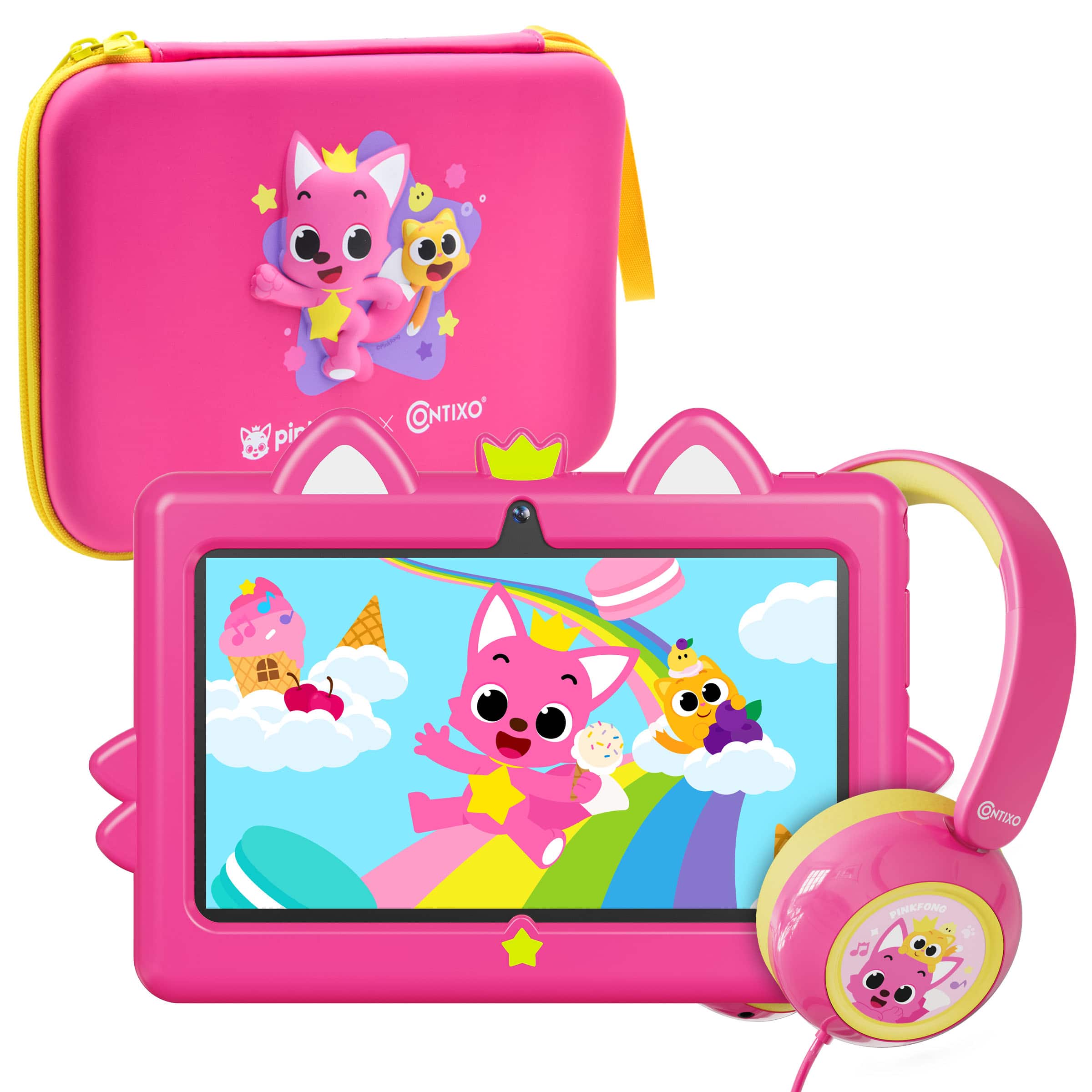 Bundle - Contixo - Pinkfong Baby Shark 7-Inch Kids Tablet with 8 Learning Apps, Protective Case, Headphones & Carrying Bag - Pink Fox
