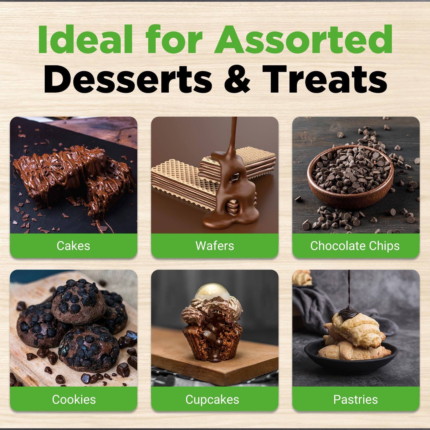 Ideal for Assorted Desserts & Treats

- Cakes
- Wafers
- Chocolate Chips
- Cookies
- Cupcakes
- Pastries