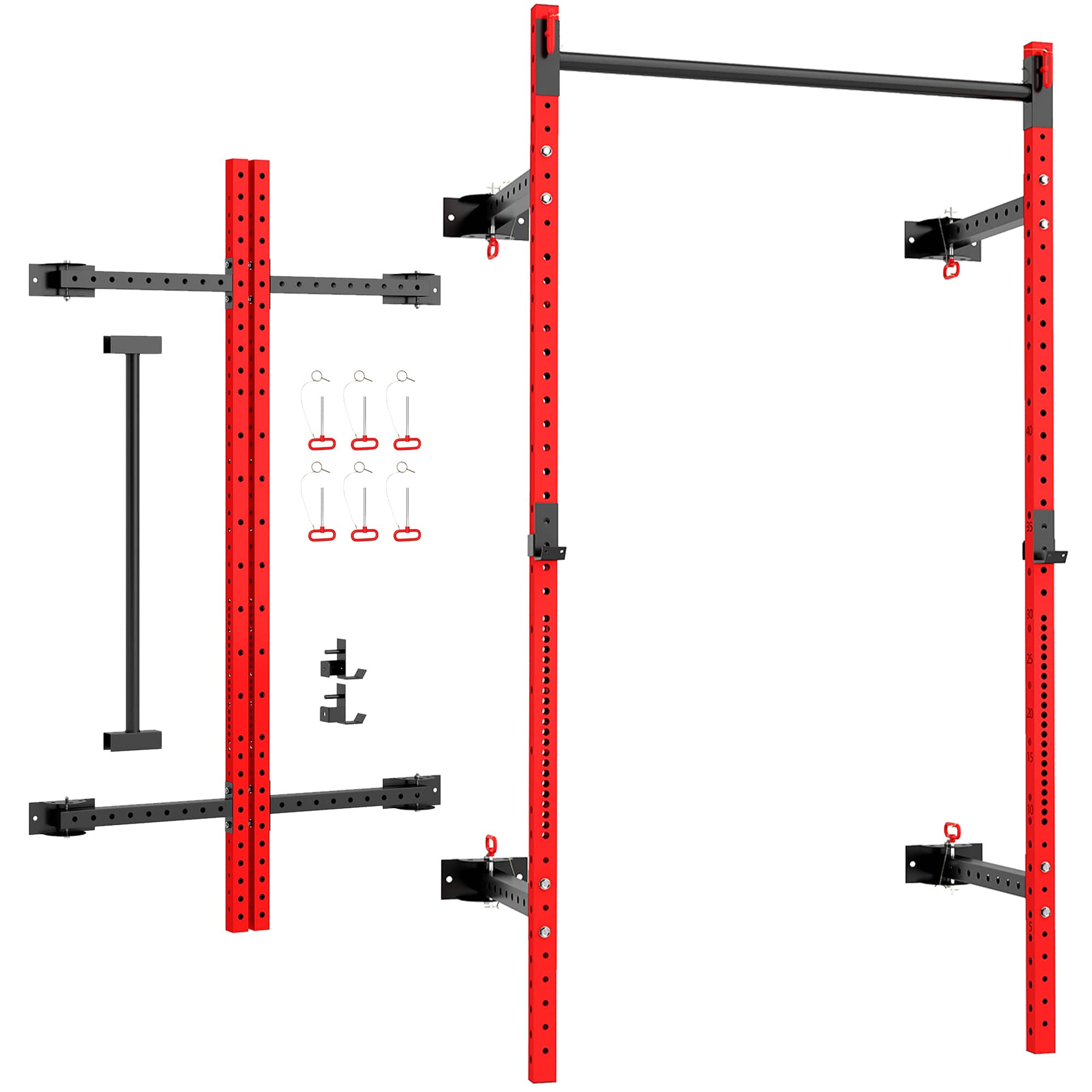 Front. Soozier - Folding Squat Rack with Adjustable Pull-Up Bar, 1000 Pounds Capacity Wall Mounted Power Rack, Adjustable Barbell Rack - Red.