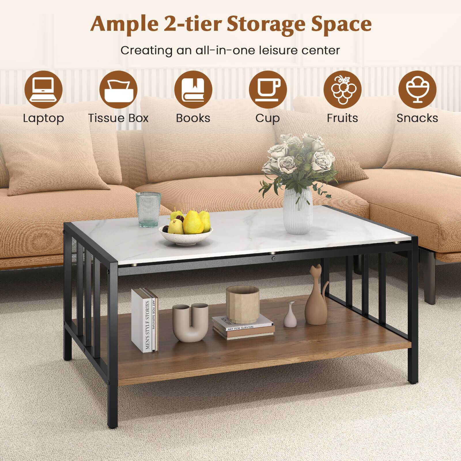 Ample 2-tier Storage Space  
Creating an all-in-one leisure center  

Laptop  
Tissue Box  
Books  
Cup  
Fruits  
Snacks