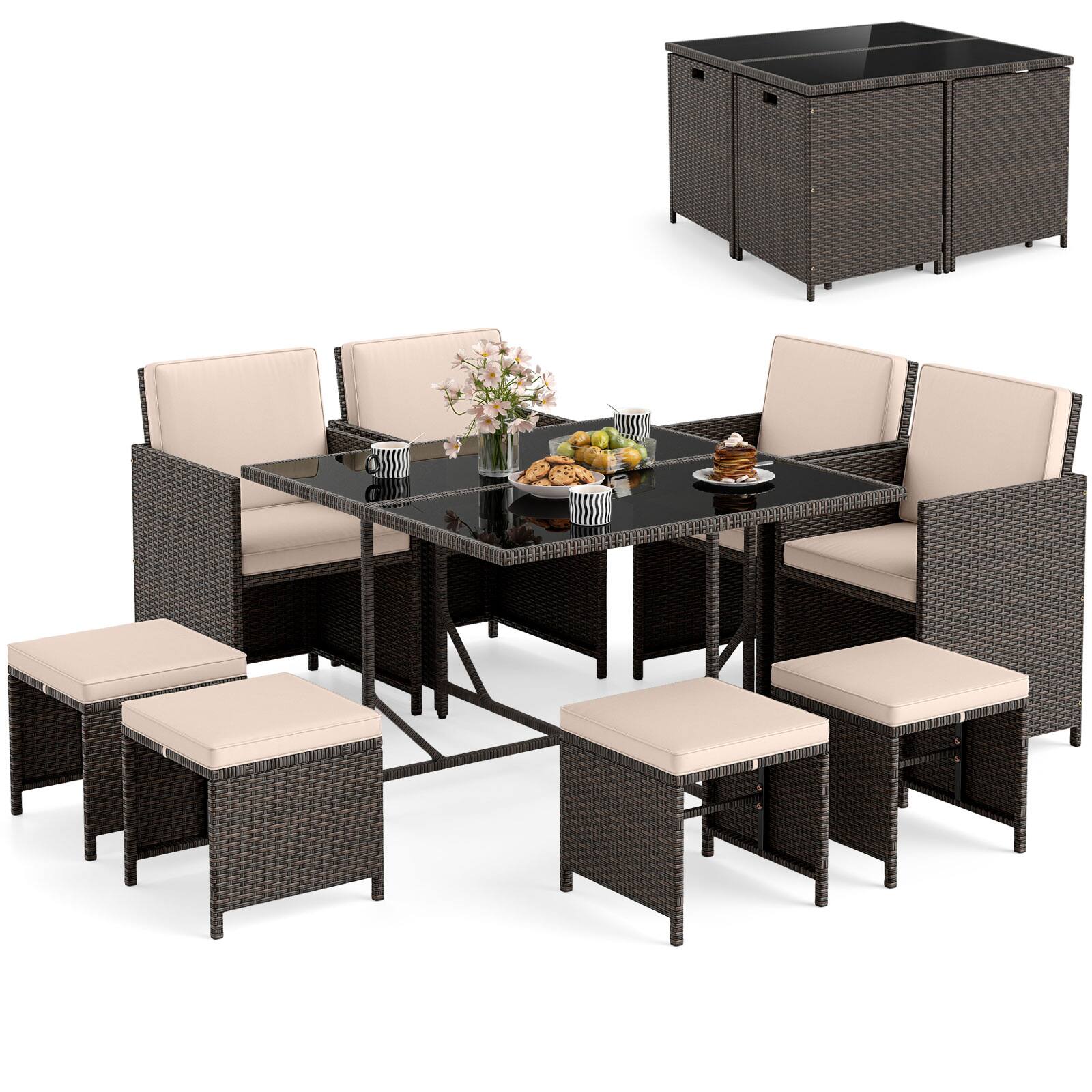 Alt View 6. Gymax - Gymax Set Of 9 Patio Dining Set w/Tempered Glass Table & Ottoman Removable Cushions - Mix Brown, Beige.