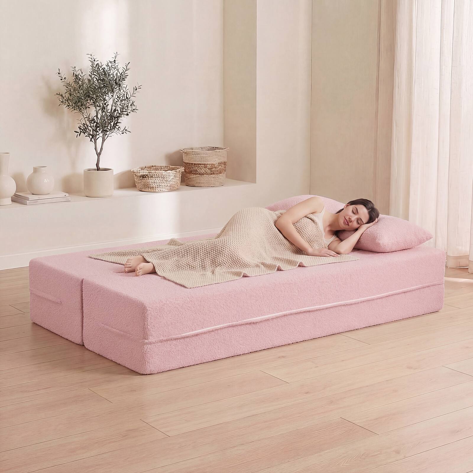 Alt View 5. Gymax - Gymax 75.5'' Folding Sofa Bed w/2 Comfortable Pillows No Assembly Needed for Guest Room Pink - Pink.