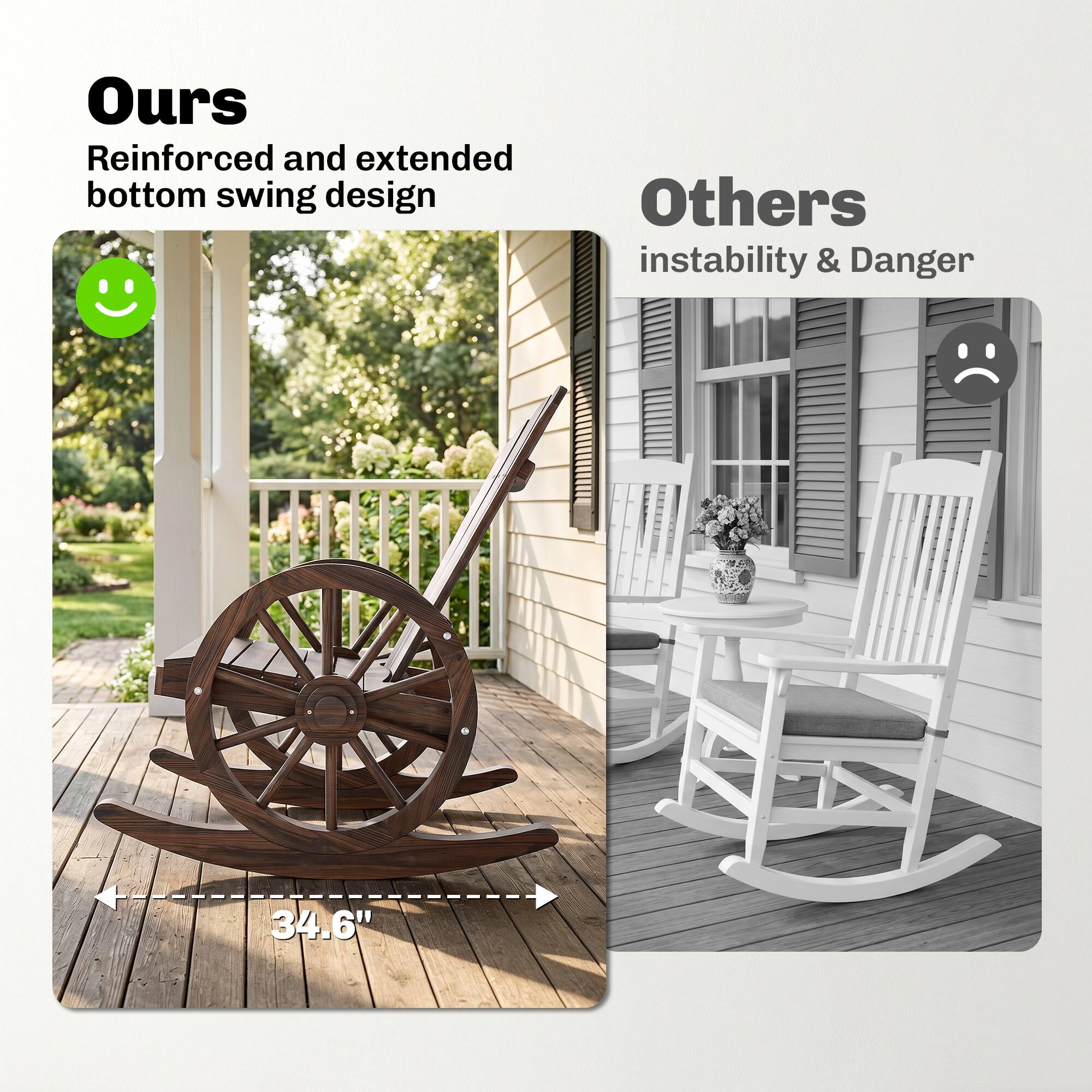 Ours: Reinforced and extended bottom swing design  
Others: Instability & Danger  
34.6"