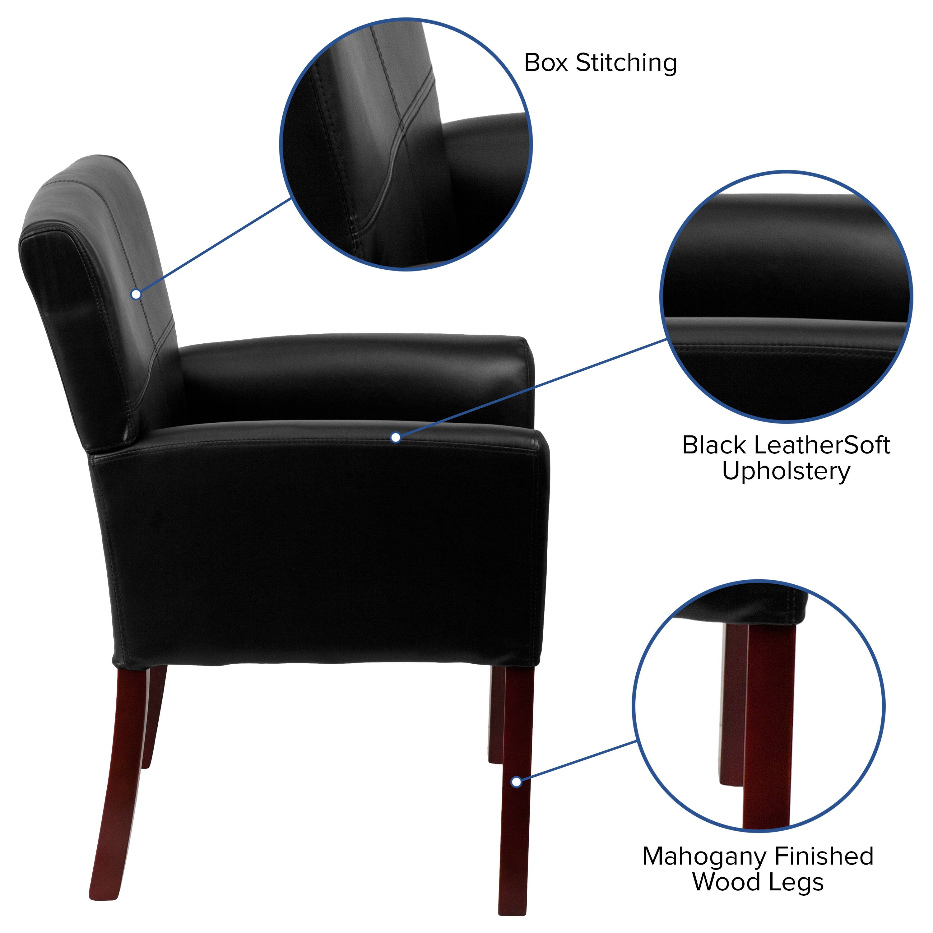 Box Stitching  
Black Leather Soft Upholstery  
Mahogany Finished Wood Legs