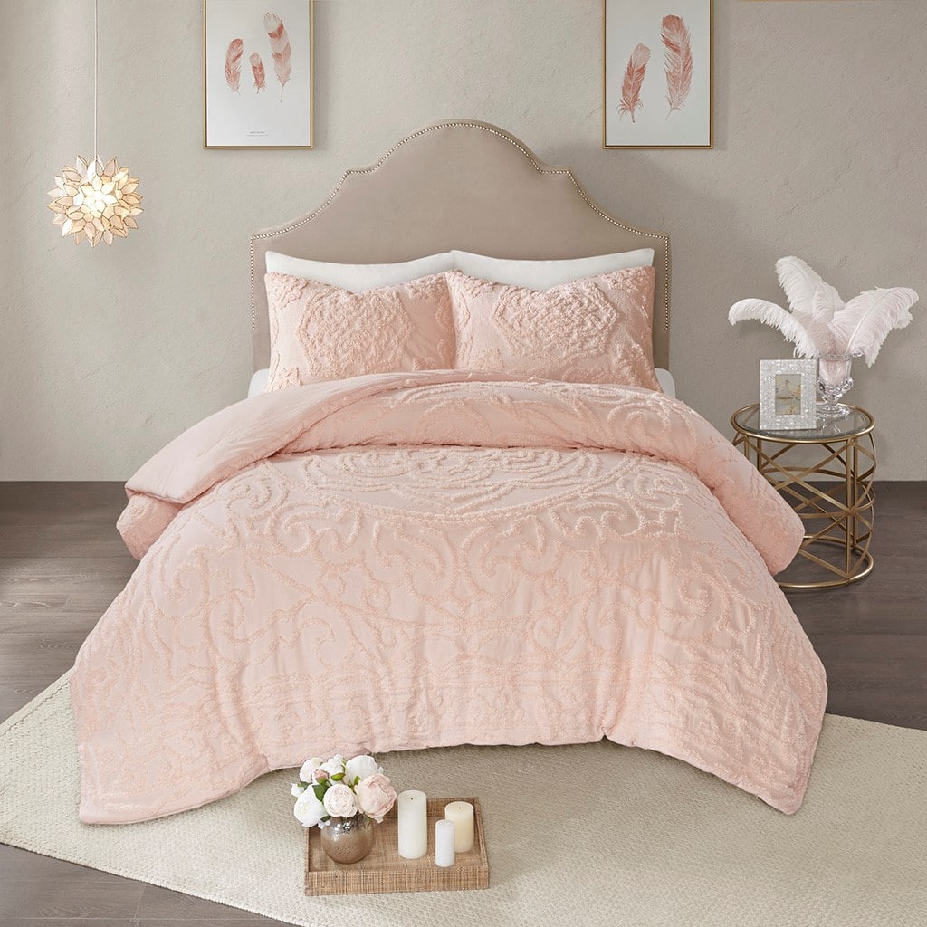 TinyHomie - 3-Piece Tufted Cotton Chenille Medallion Comforter Set King/Cal King - Blush
