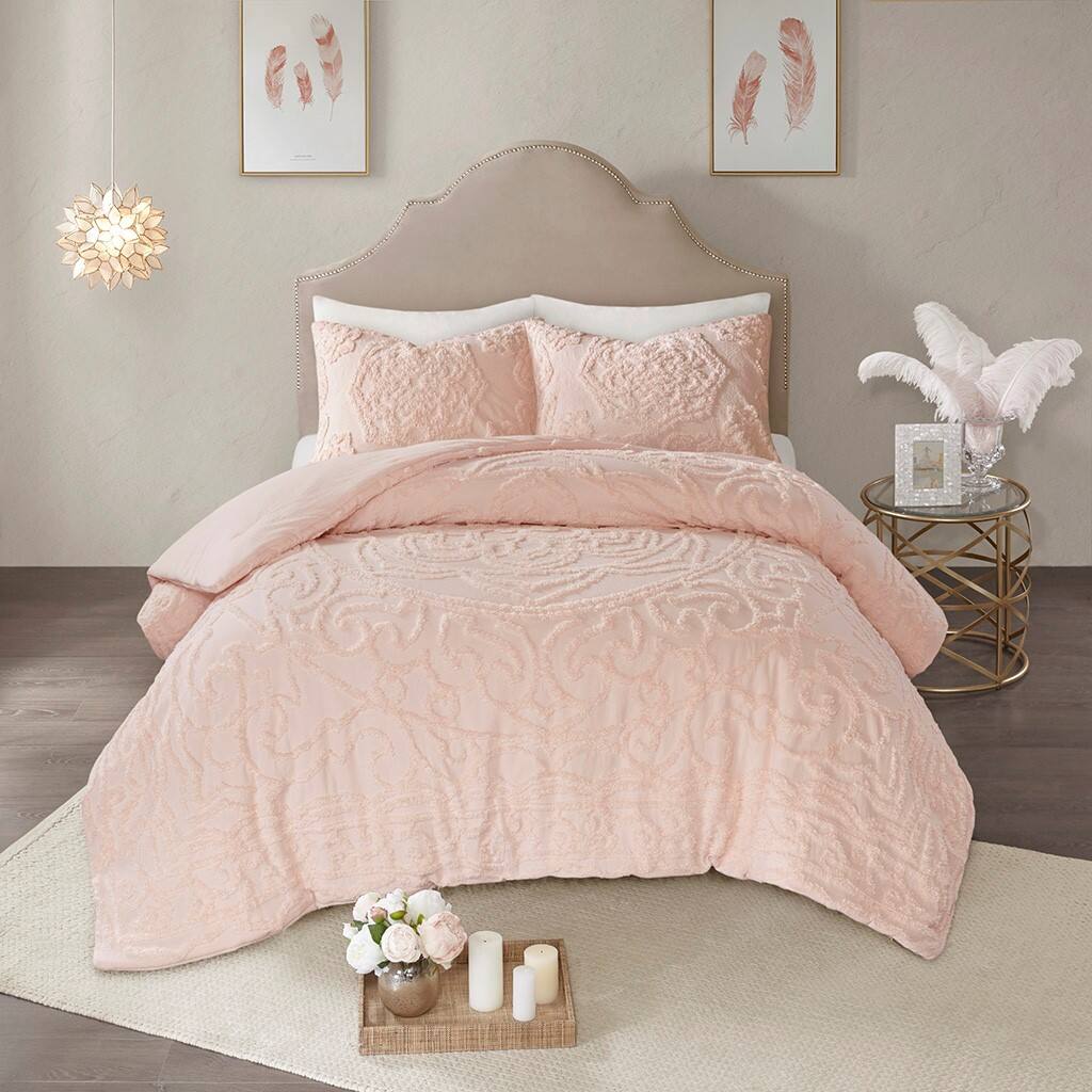 Front. TinyHomie - 3-Piece Tufted Cotton Chenille Medallion Comforter Set Blush King/Cal King - Blush.
