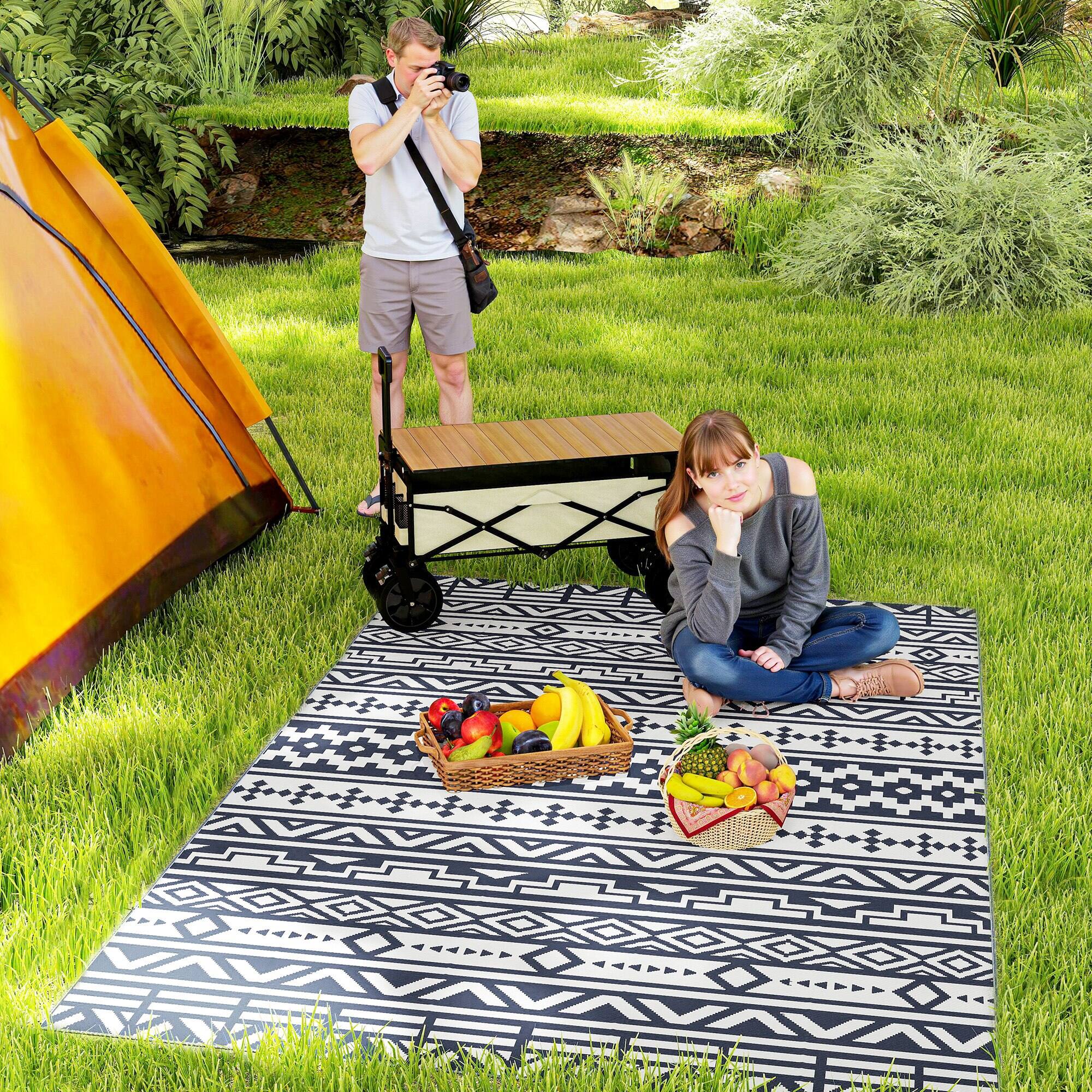 Alt View 1. Outsunny - Outdoor Rug for Patio, 6' x 9' Waterproof Large Mat, Reversible Plastic Straw Rug for Décor - Blue and White Geometric Wall.