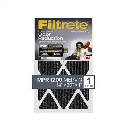 Filtrete CLEAN LIVING Odor Reduction Filter
Electrostatic Air Odor Filter
Removes Strong Odors in Your Air from Pets, Cooking, Mildew, and Smoke
Starts Working in Minutes
1200 FILTRATION LEVEL
65x ODOR REDUCTION
3 MONTHS GUARANTEE
CONTAINS 1 FILTER
3M MPR 1200 MERV 11
14" X 30" X 1" FILTER
