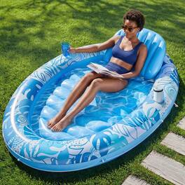 Joyfy - Inflatable Tanning Pool Float Lounger with Pillow, Oval Sunbathing Blow Up Bed Lounge, Tub Floatie Raft Adult - Blue