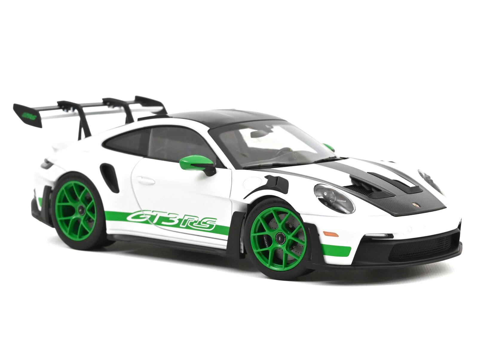 Alt View 3. Norev - 2022 Porsche 911 GT3 RS Weissach Pack White with Green Stripes And Carbon Hood and Top 1/18 Diecast Model Car by Norev.