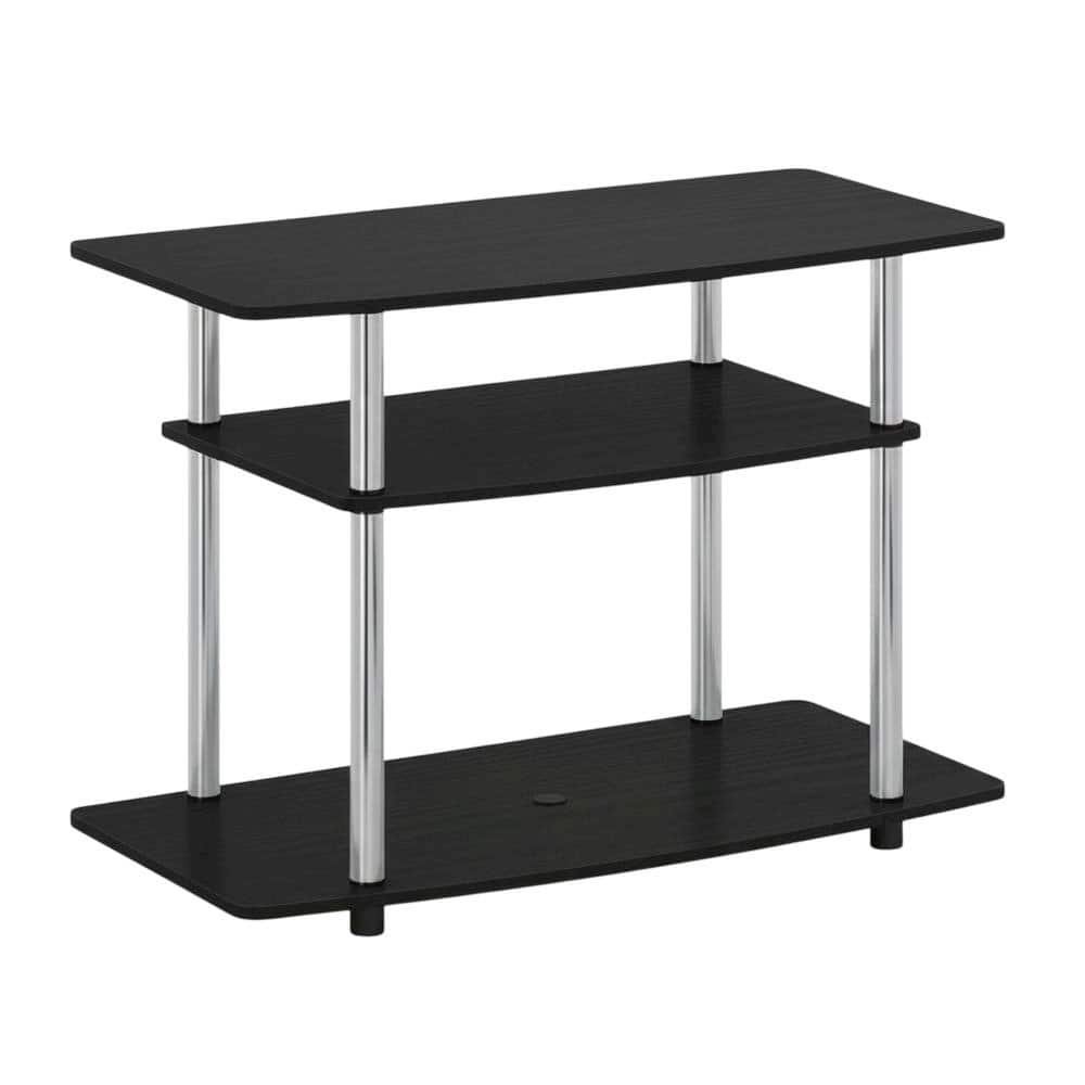 FurniFact - Wood TV stand in Americano, Chrome finish, three-tier shelving, media storage - Black