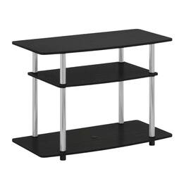 FurniFact - Wood TV stand in Americano, Chrome finish, three-tier shelving, media storage - Black