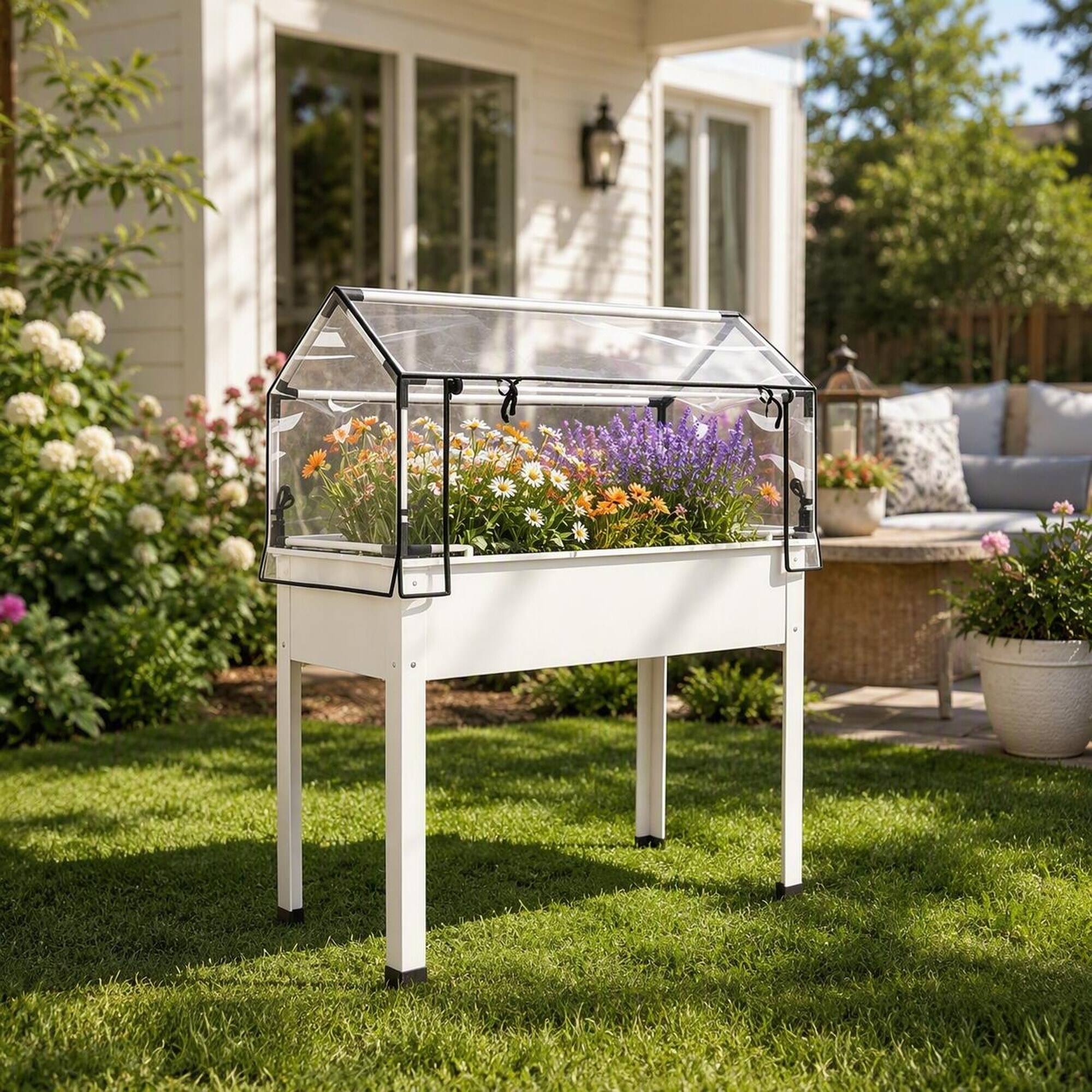 Angle. RYHNUYNE - Raised Garden Bed with Greenhouse Cover, Elevated Tall Planter Box, White Powder-Coated Metal Frame - White.