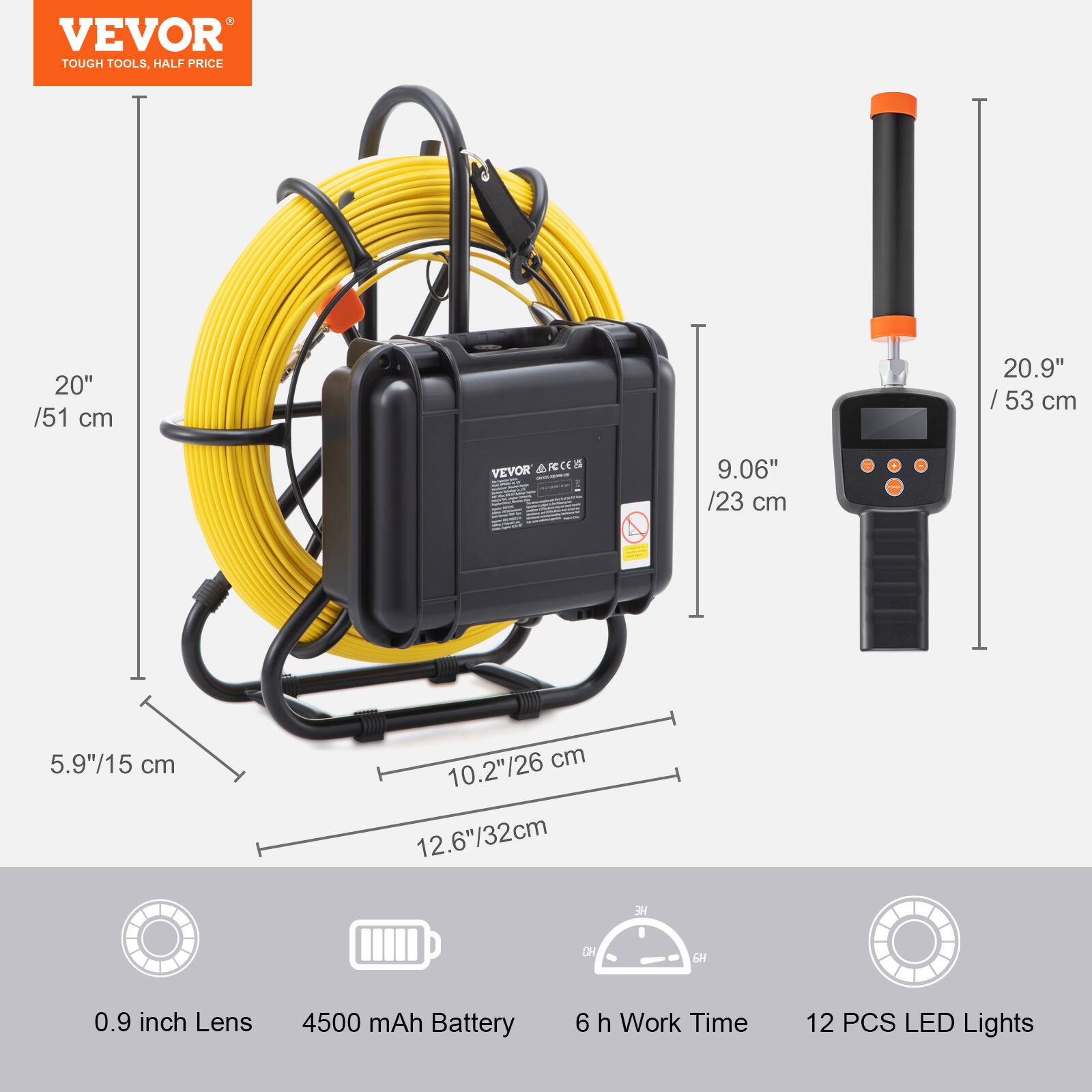 VEVOR TOUGH TOOLS, HALF PRICE

- 20" / 51 cm
- 20.9" / 53 cm
- 9.06" / 23 cm
- 5.9" / 15 cm
- 10.2" / 26 cm
- 12.6" / 32 cm

- 0.9 inch Lens
- 4500 mAh Battery
- 6 h Work Time
- 12 PCS LED Lights